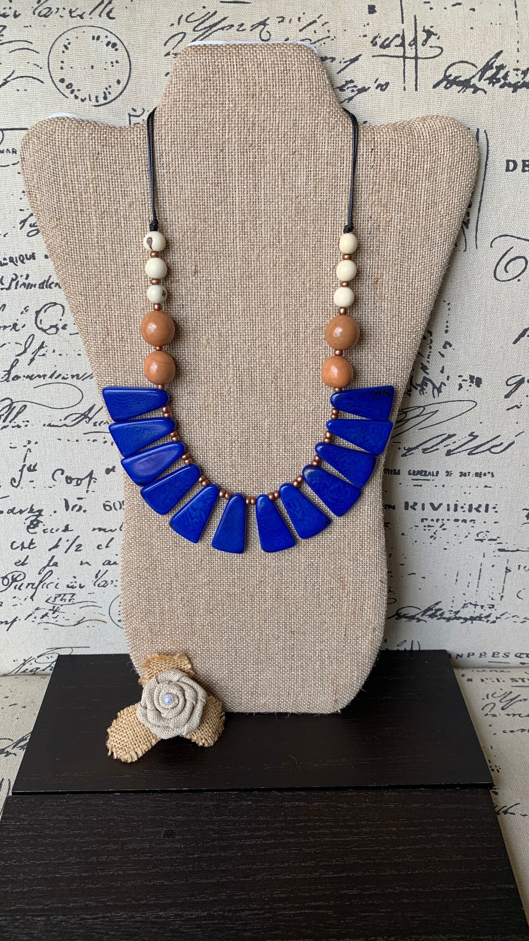 Blue statement necklace Tagua jewelry Handmade beaded necklace Adjustable cord Fall fashion 2025s Wearable art Artistic jewelry Fashionable