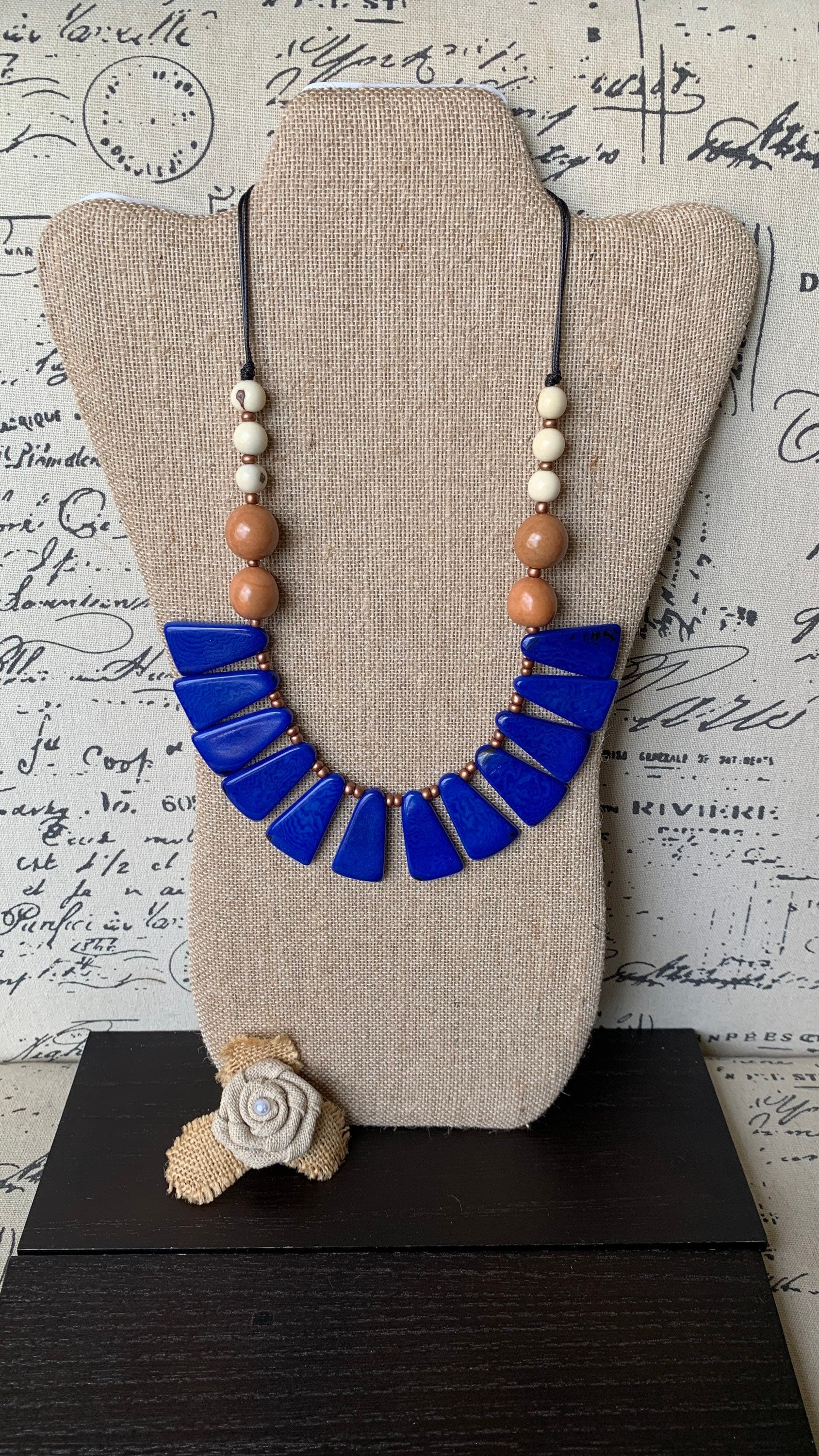 Blue statement necklace Tagua jewelry Handmade beaded necklace Adjustable cord Fall fashion 2025s Wearable art Artistic jewelry Fashionable