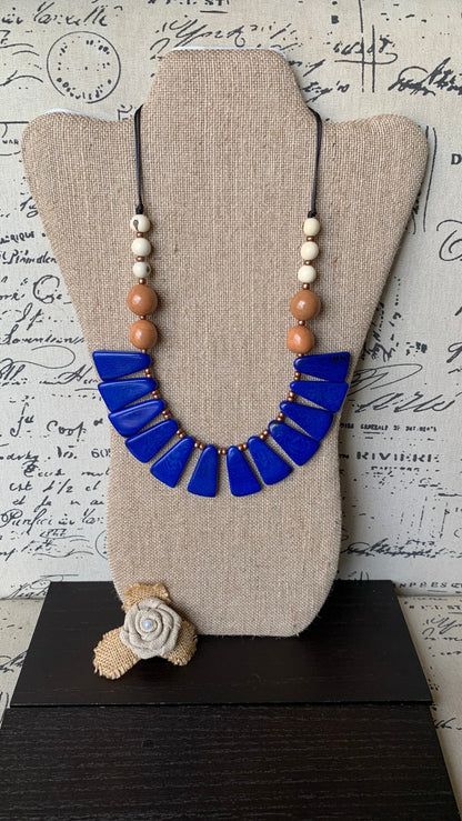 Blue statement necklace Tagua jewelry Handmade beaded necklace Adjustable cord Fall fashion 2025s Wearable art Artistic jewelry Fashionable