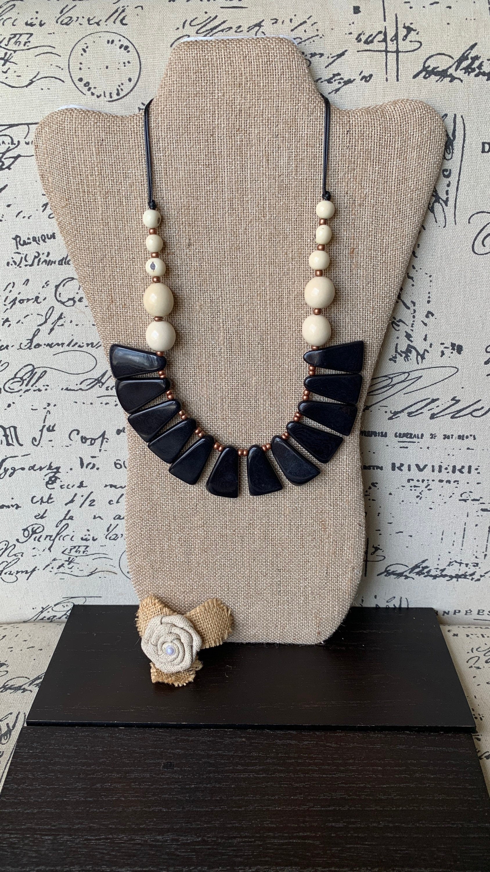 Black and white statement necklace Tagua jewelry Fall fashion Adjustable cord Wearable art Fall fashion 2025s Art to wear Artisan handmade