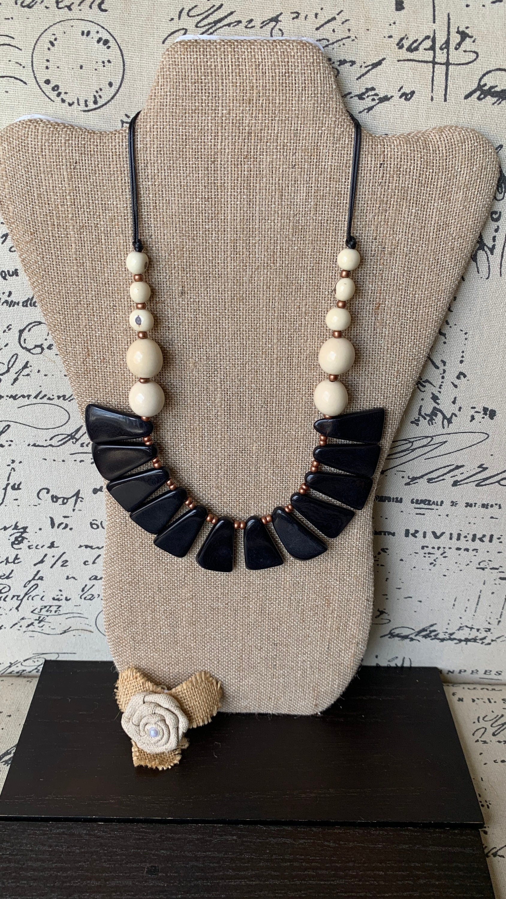 Black and white statement necklace Tagua jewelry Fall fashion Adjustable cord Wearable art Fall fashion 2025s Art to wear Artisan handmade