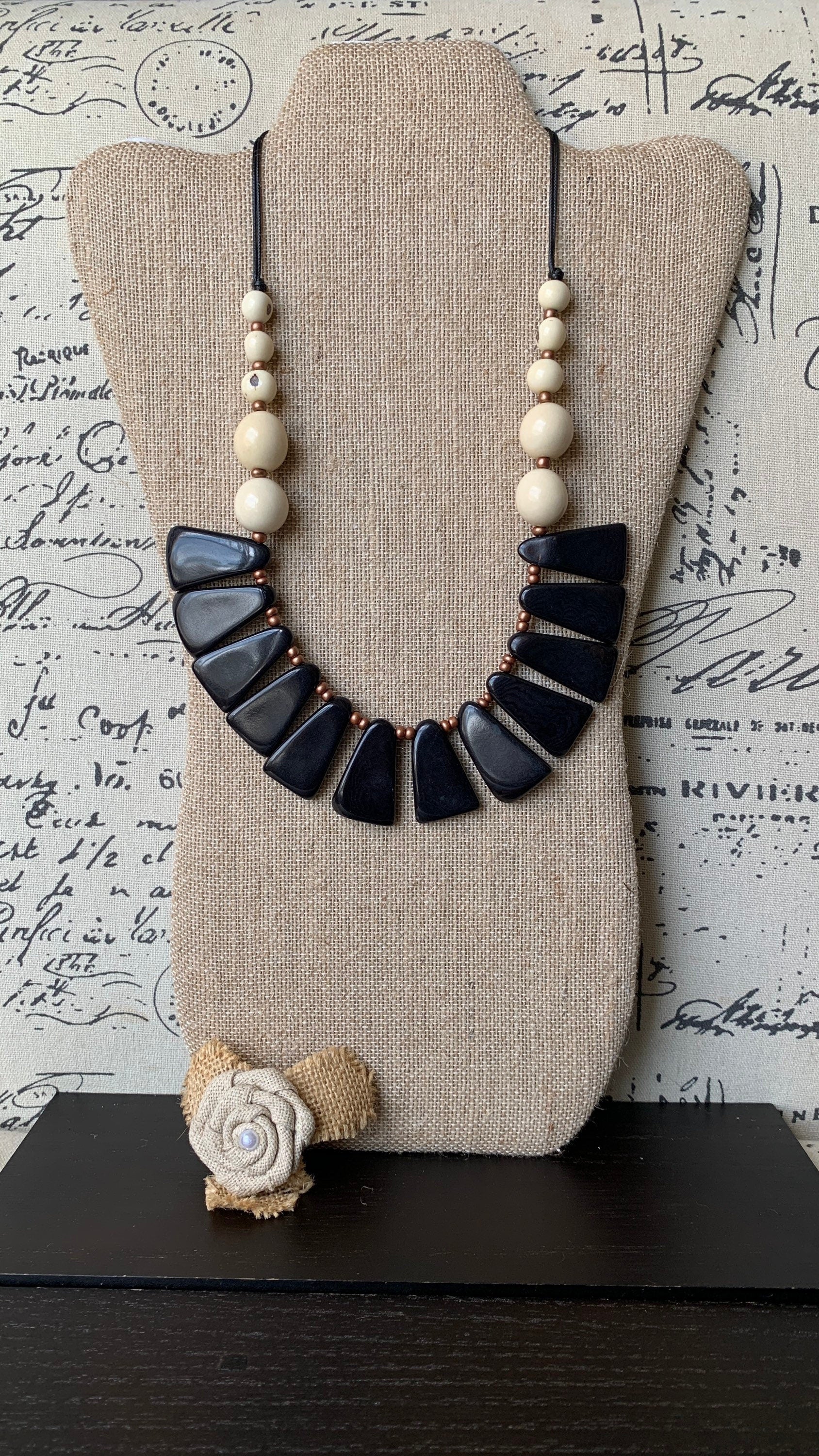 Black and white statement necklace Tagua jewelry Fall fashion Adjustable cord Wearable art Fall fashion 2025s Art to wear Artisan handmade