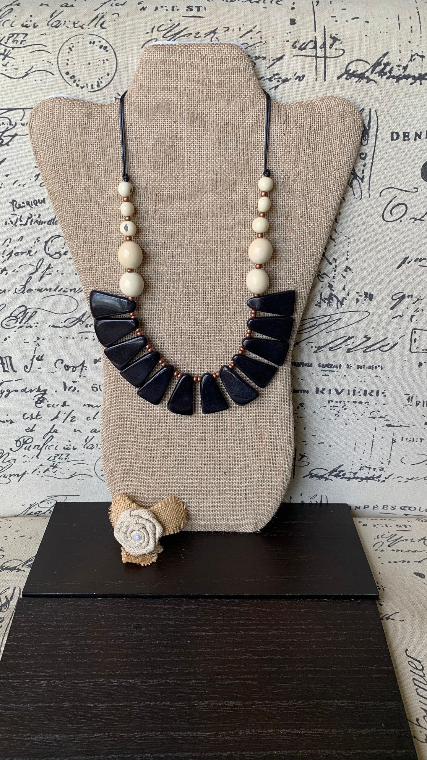 Black and white statement necklace Tagua jewelry Fall fashion Adjustable cord Wearable art Fall fashion 2025s Art to wear Artisan handmade