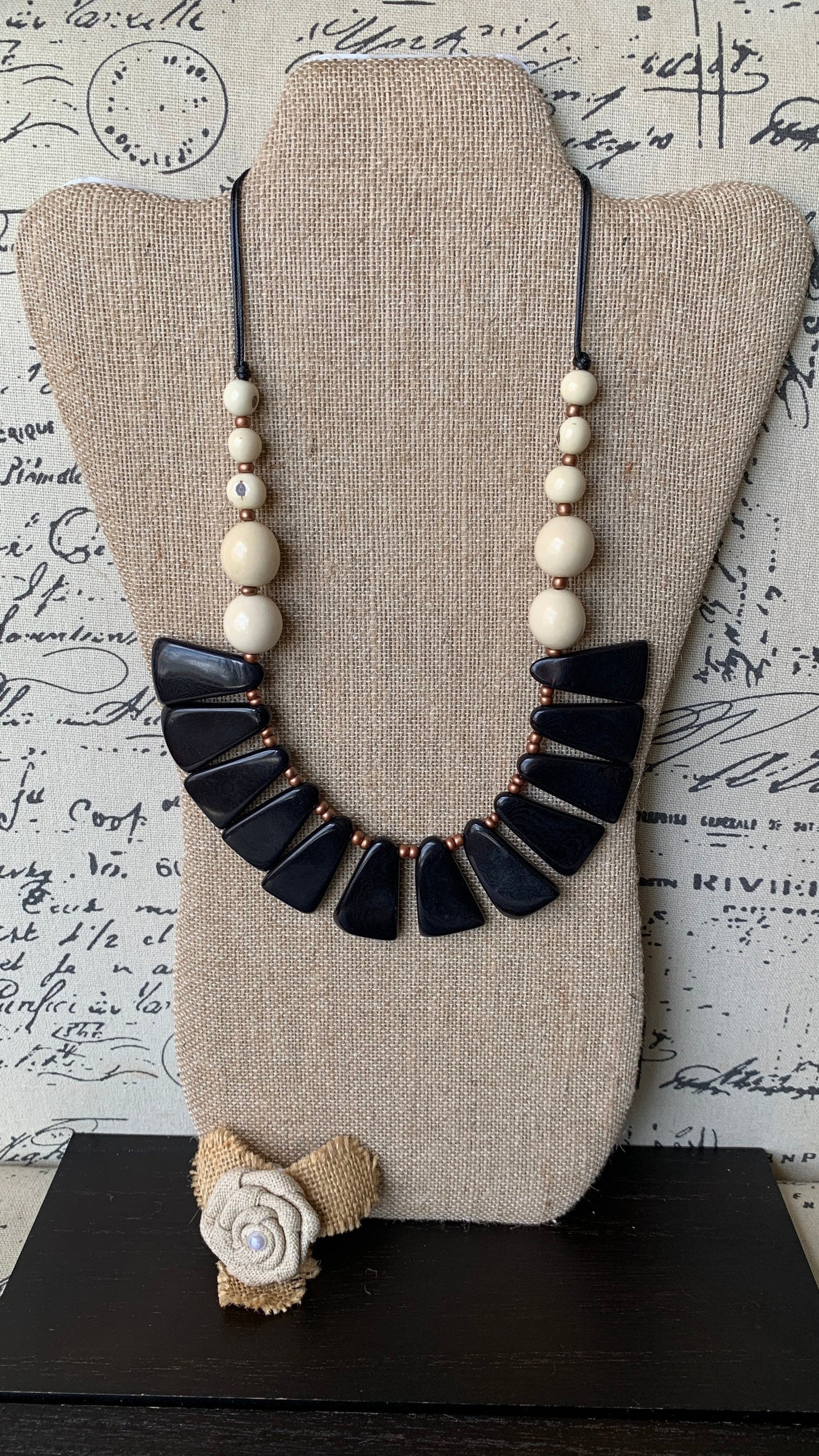 Black and white statement necklace Tagua jewelry Fall fashion Adjustable cord Wearable art Fall fashion 2025s Art to wear Artisan handmade