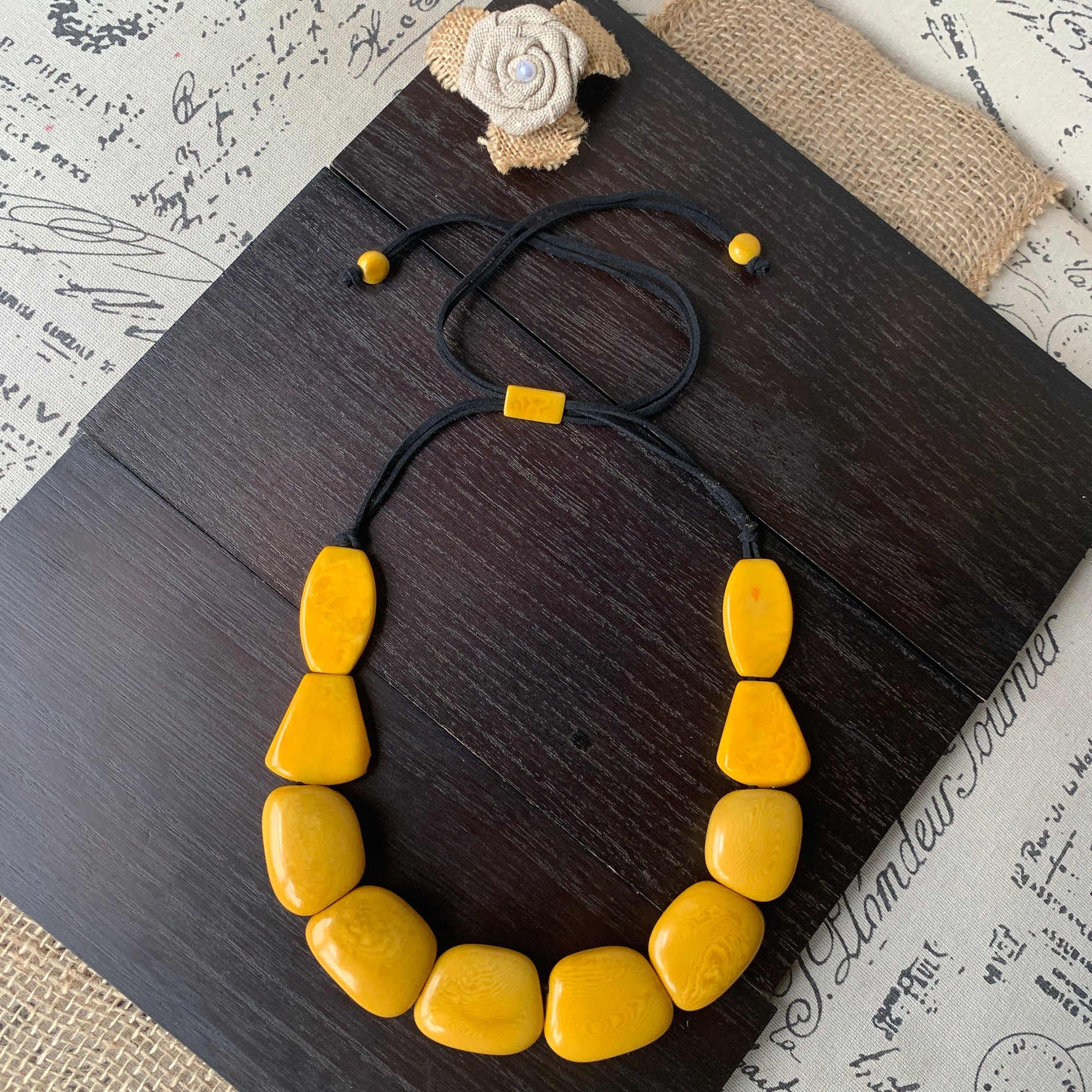 Yellow beads necklace Tagua jewelry Spring fashion 2025 Art to wear Big bead necklace women Mothers day gift Chunky necklace Adjustable cord