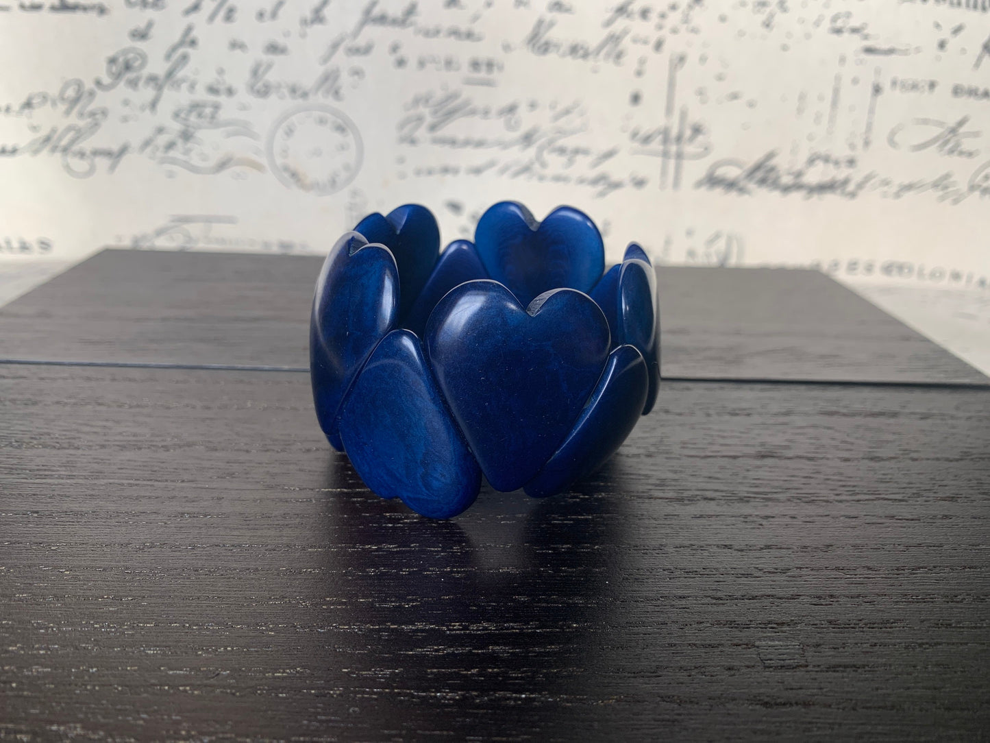 Blue heart shaped beads bracelet Tagua jewelry Love bangle Fall fashion trends Stretchy elastic bracelet Wearable art Statement jewelry