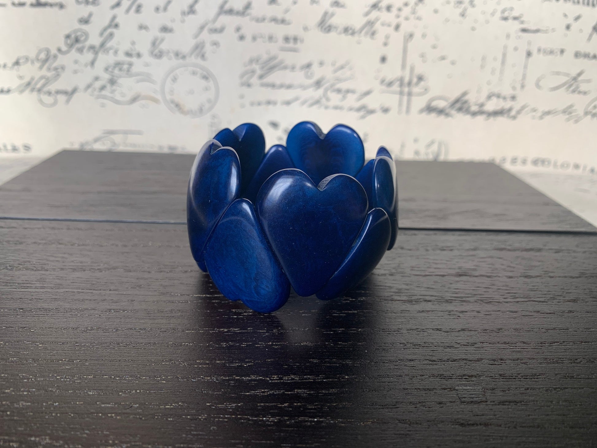 Blue heart shaped beads bracelet Tagua jewelry Love bangle Fall fashion trends Stretchy elastic bracelet Wearable art Statement jewelry