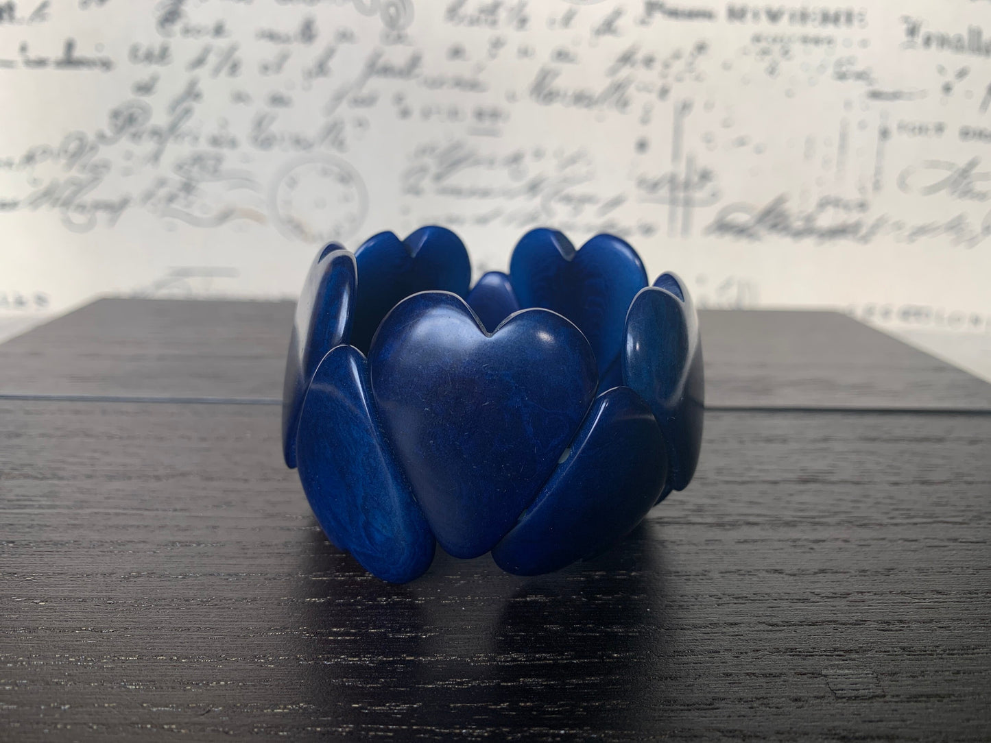 Blue heart shaped beads bracelet Tagua jewelry Love bangle Fall fashion trends Stretchy elastic bracelet Wearable art Statement jewelry