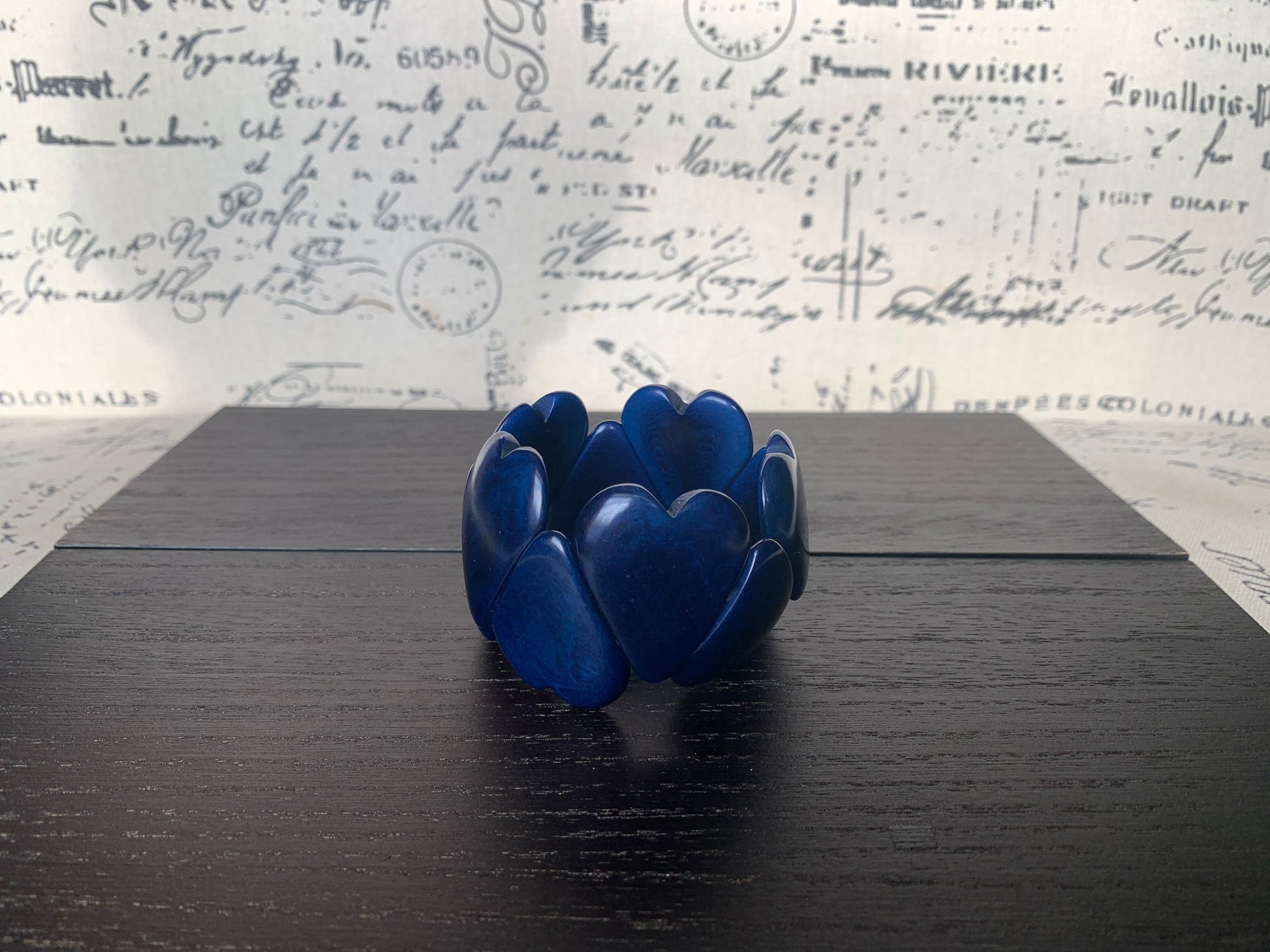 Blue heart shaped beads bracelet Tagua jewelry Love bangle Fall fashion trends Stretchy elastic bracelet Wearable art Statement jewelry