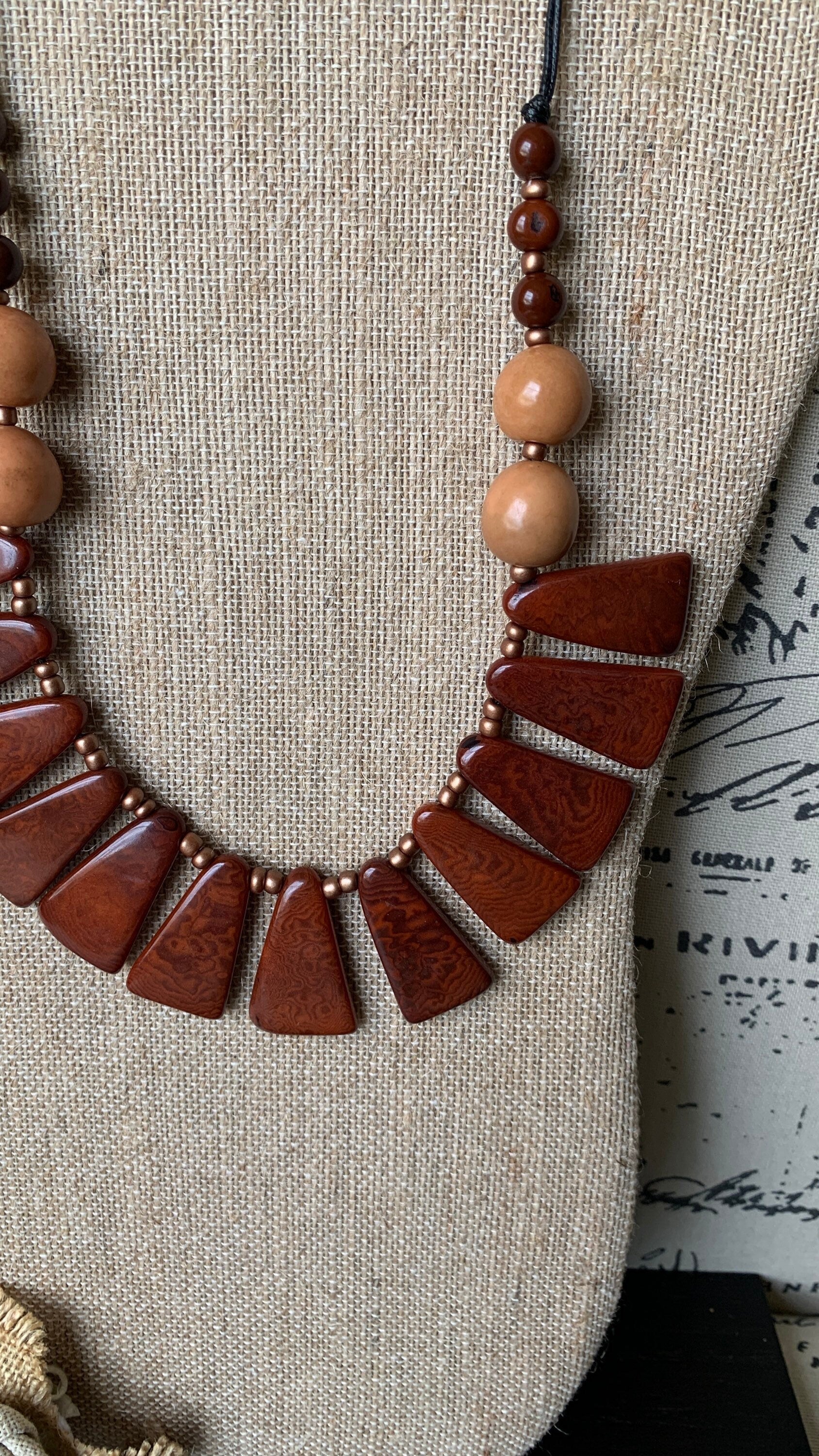 Brown statement necklace Tagua jewelry Wearable art Unique necklaces for women Adjustable cord Mothers day gifts for mom Handmade beaded bib