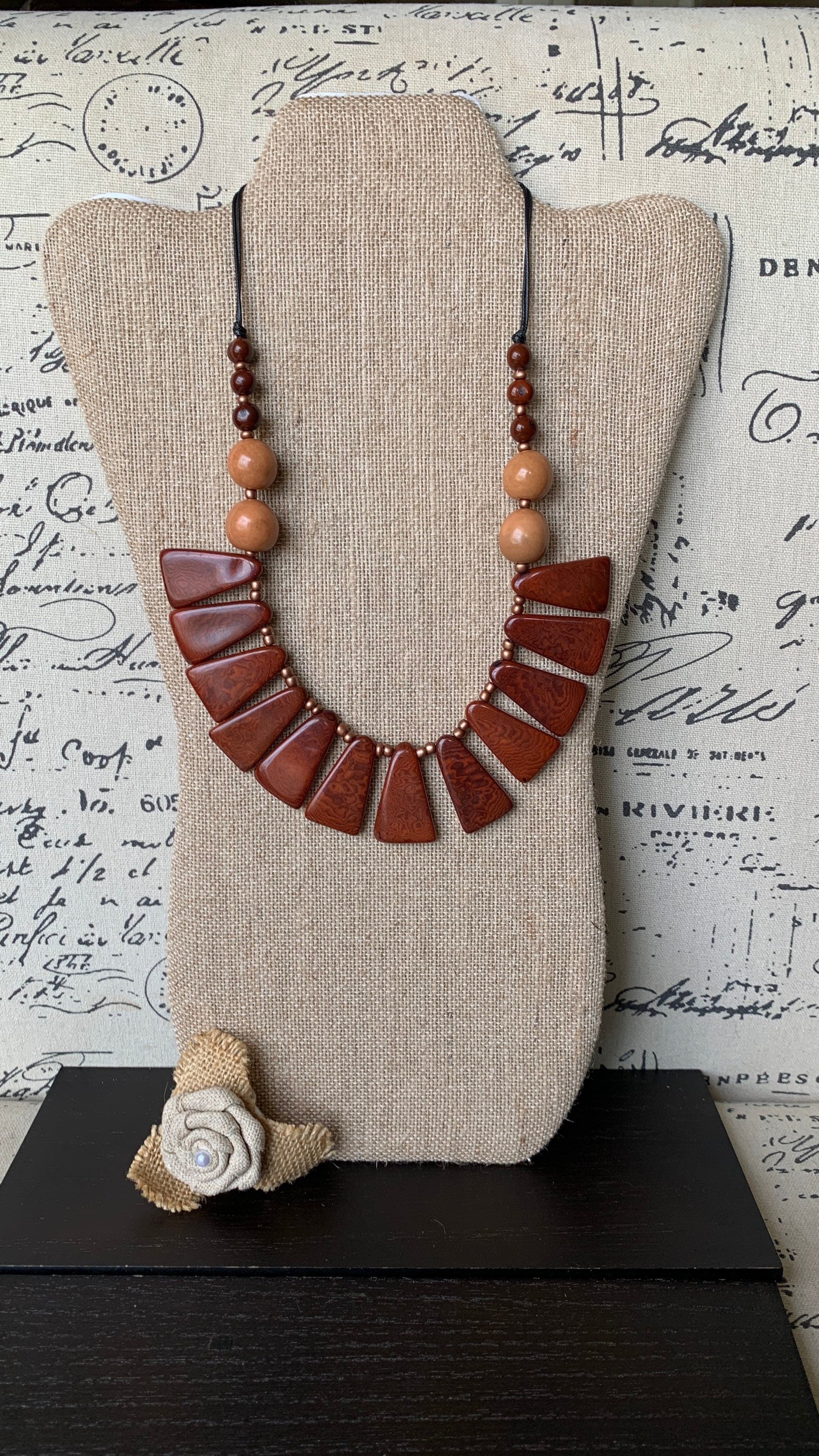 Brown statement necklace Tagua jewelry Wearable art Unique necklaces for women Adjustable cord Mothers day gifts for mom Handmade beaded bib