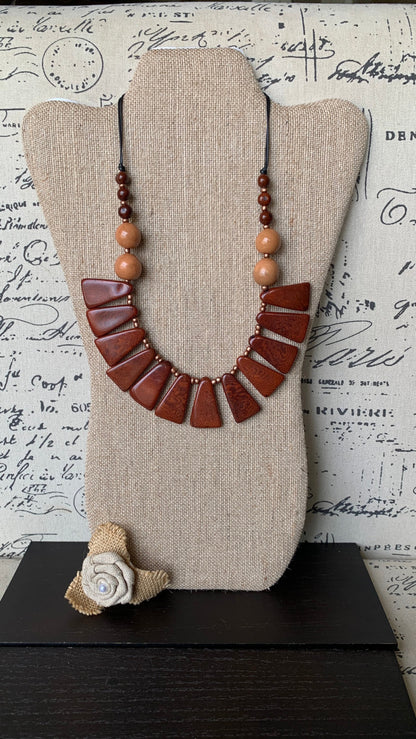 Brown statement necklace Tagua jewelry Wearable art Unique necklaces for women Adjustable cord Mothers day gifts for mom Handmade beaded bib