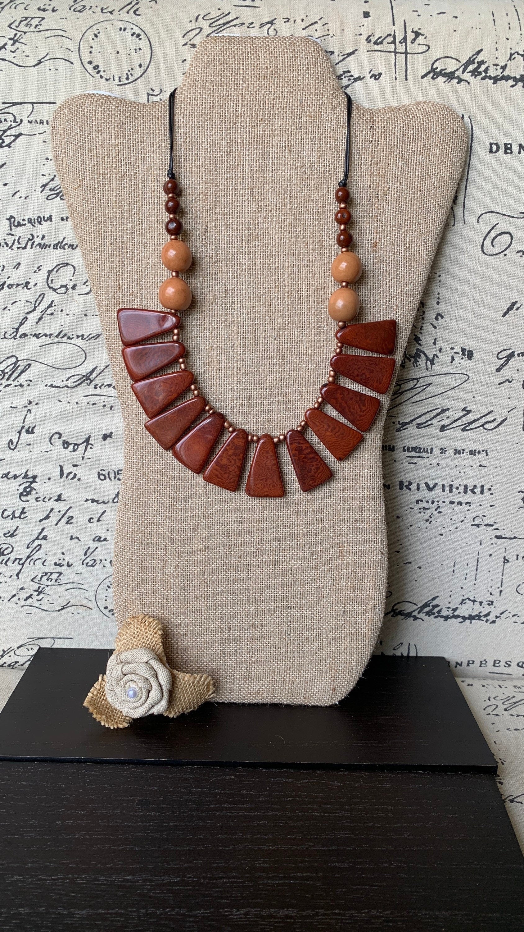 Brown statement necklace Tagua jewelry Wearable art Unique necklaces for women Adjustable cord Mothers day gifts for mom Handmade beaded bib