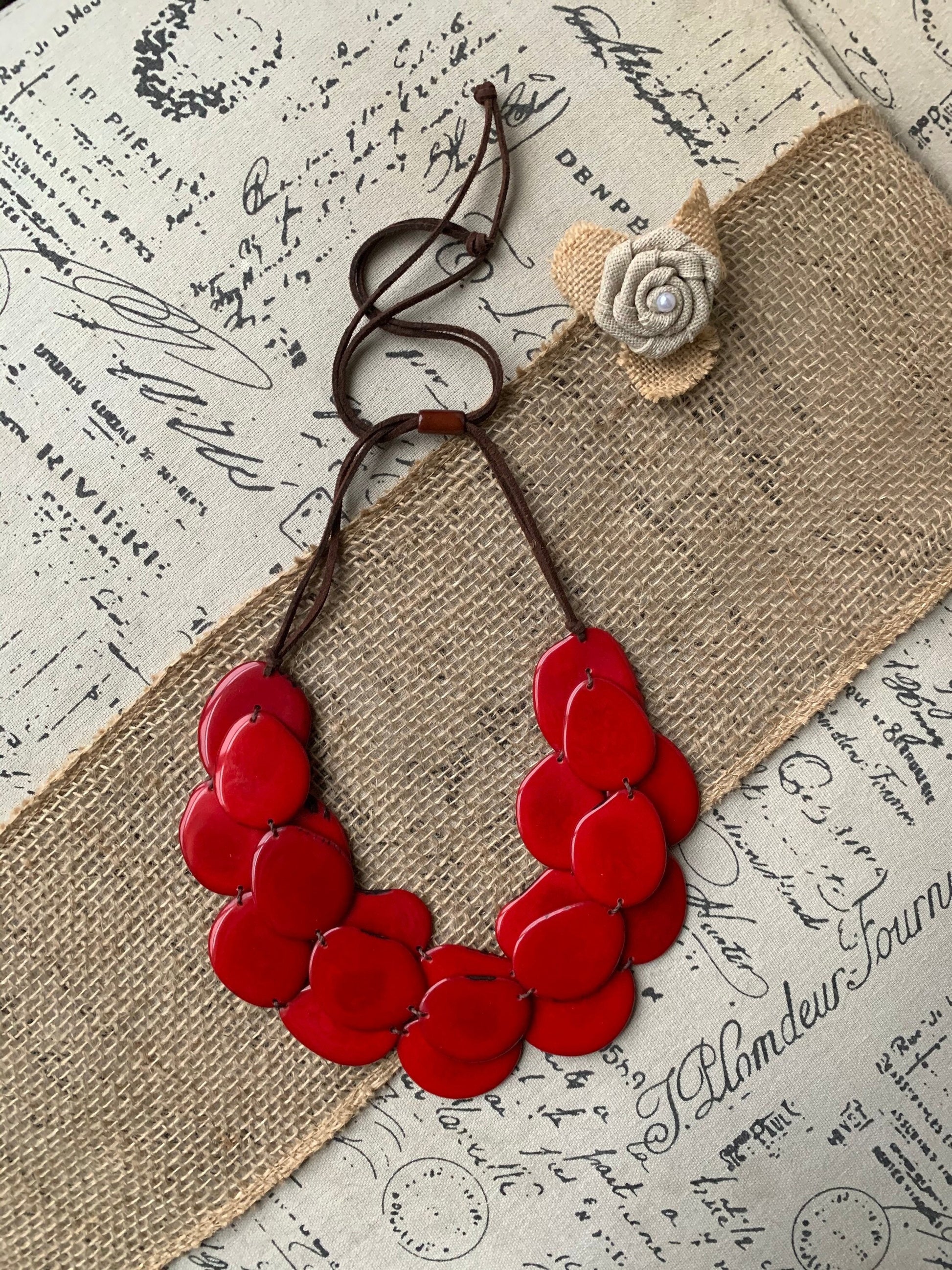 Red triple layer necklace Tagua nut jewelry Big bold necklaces Multi strand necklace Handmade beaded necklace Fall fashion Wearable Art