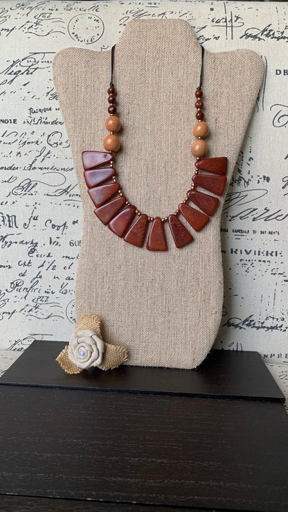 Brown statement necklace Tagua jewelry Wearable art Unique necklaces for women Adjustable cord Mothers day gifts for mom Handmade beaded bib