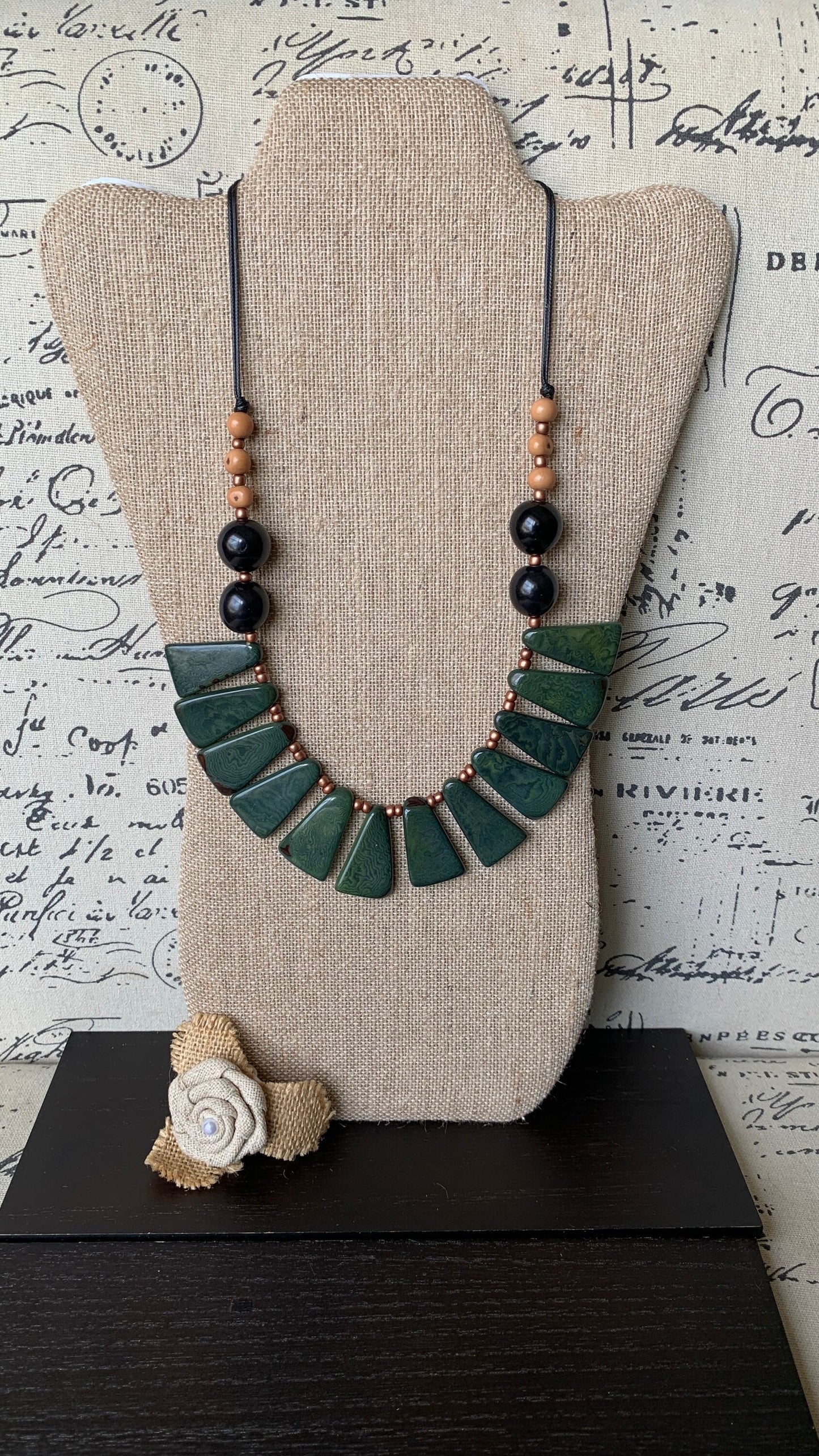 Green statement necklace Tagua jewelry Fall fashion 2025s Big bold chunky necklaces Adjustable cord Wearable art Handmade beaded necklace