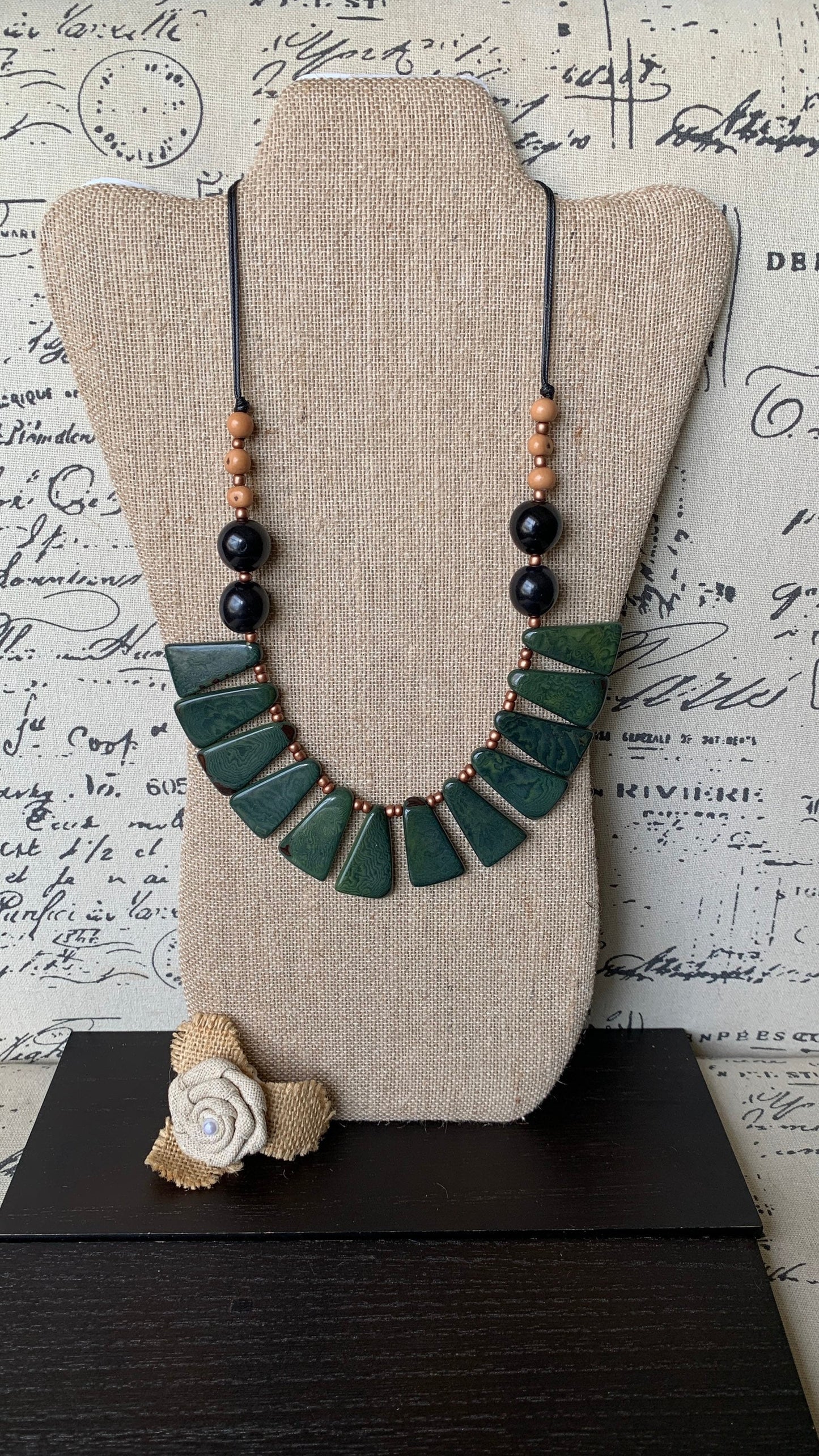 Green statement necklace Tagua jewelry Fall fashion 2025s Big bold chunky necklaces Adjustable cord Wearable art Handmade beaded necklace