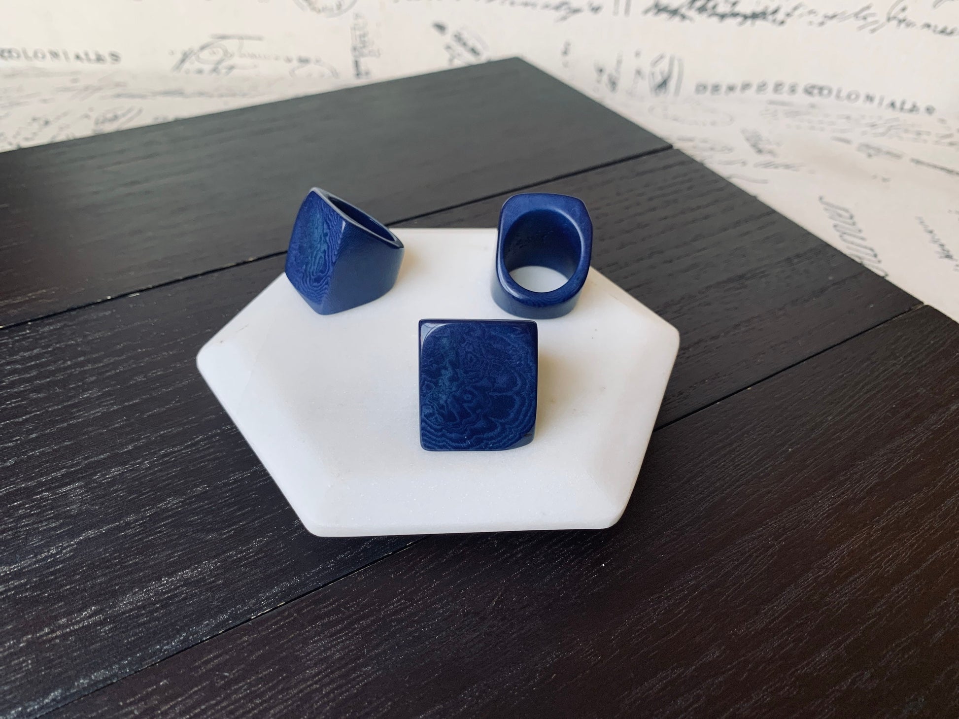 Tagua nut ring navy blue Unusual fashion jewelry Summer style Big bold chunky cocktail ring Statement large Anniversary gift Huge oversized