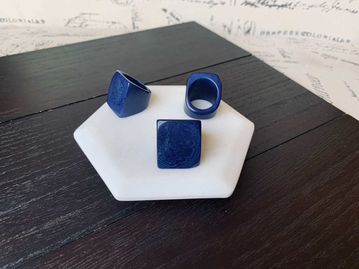 Tagua ring Navy blue rings Unusual cocktail rings Big bold ring Statement large rings Wearable art Hand carved rings Chunky rings Unisex