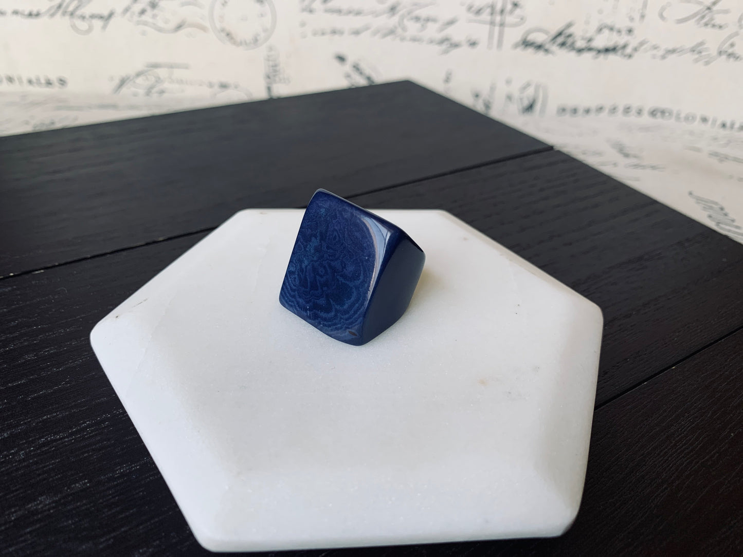 Tagua nut ring navy blue Unusual fashion jewelry Summer style Big bold chunky cocktail ring Statement large Anniversary gift Huge oversized