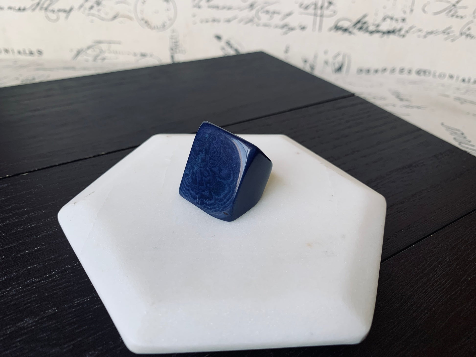 Tagua nut ring navy blue Unusual fashion jewelry Summer style Big bold chunky cocktail ring Statement large Anniversary gift Huge oversized