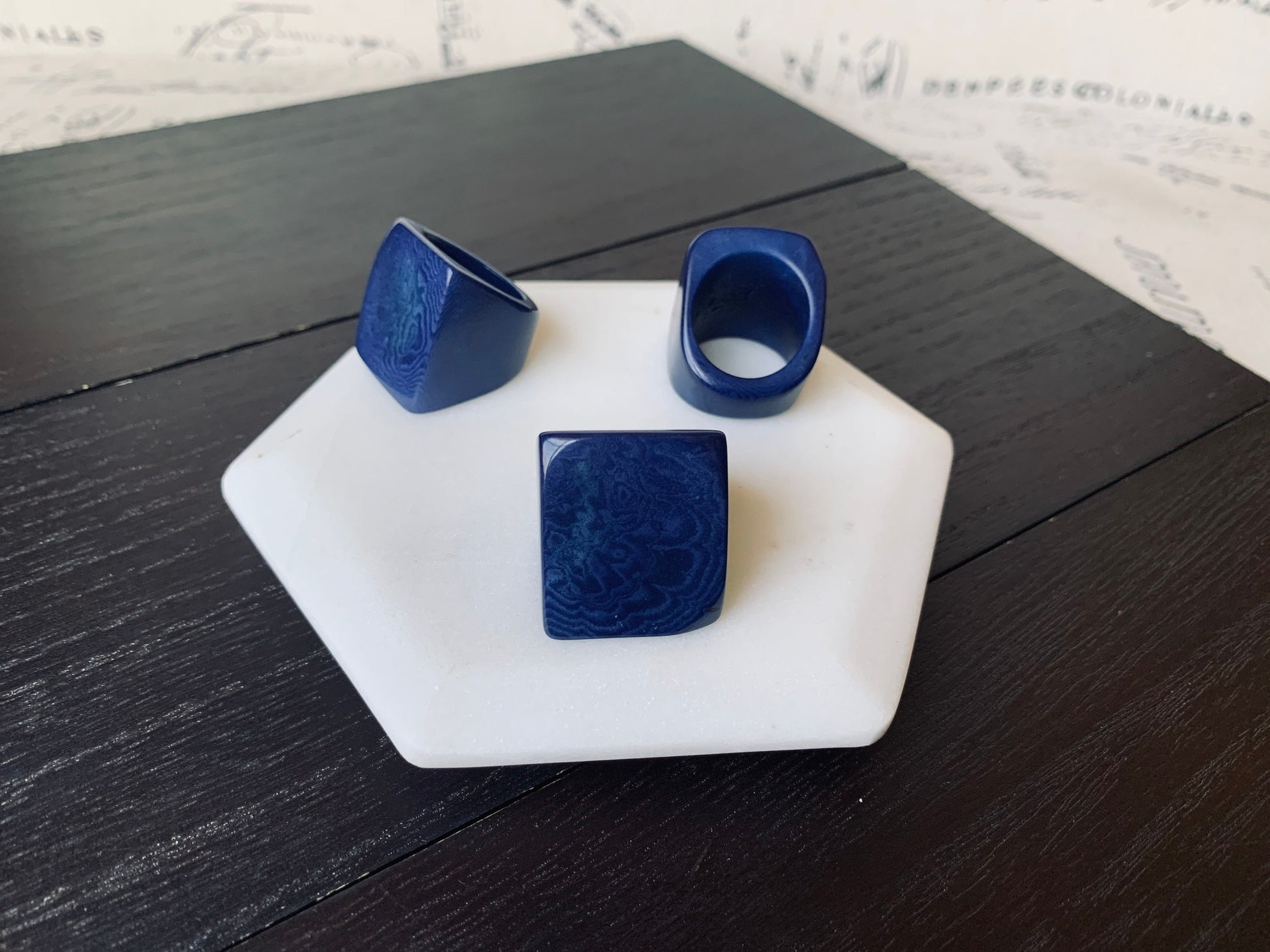 Tagua ring Navy blue rings Unusual cocktail rings Big bold ring Statement large rings Wearable art Hand carved rings Chunky rings Unisex