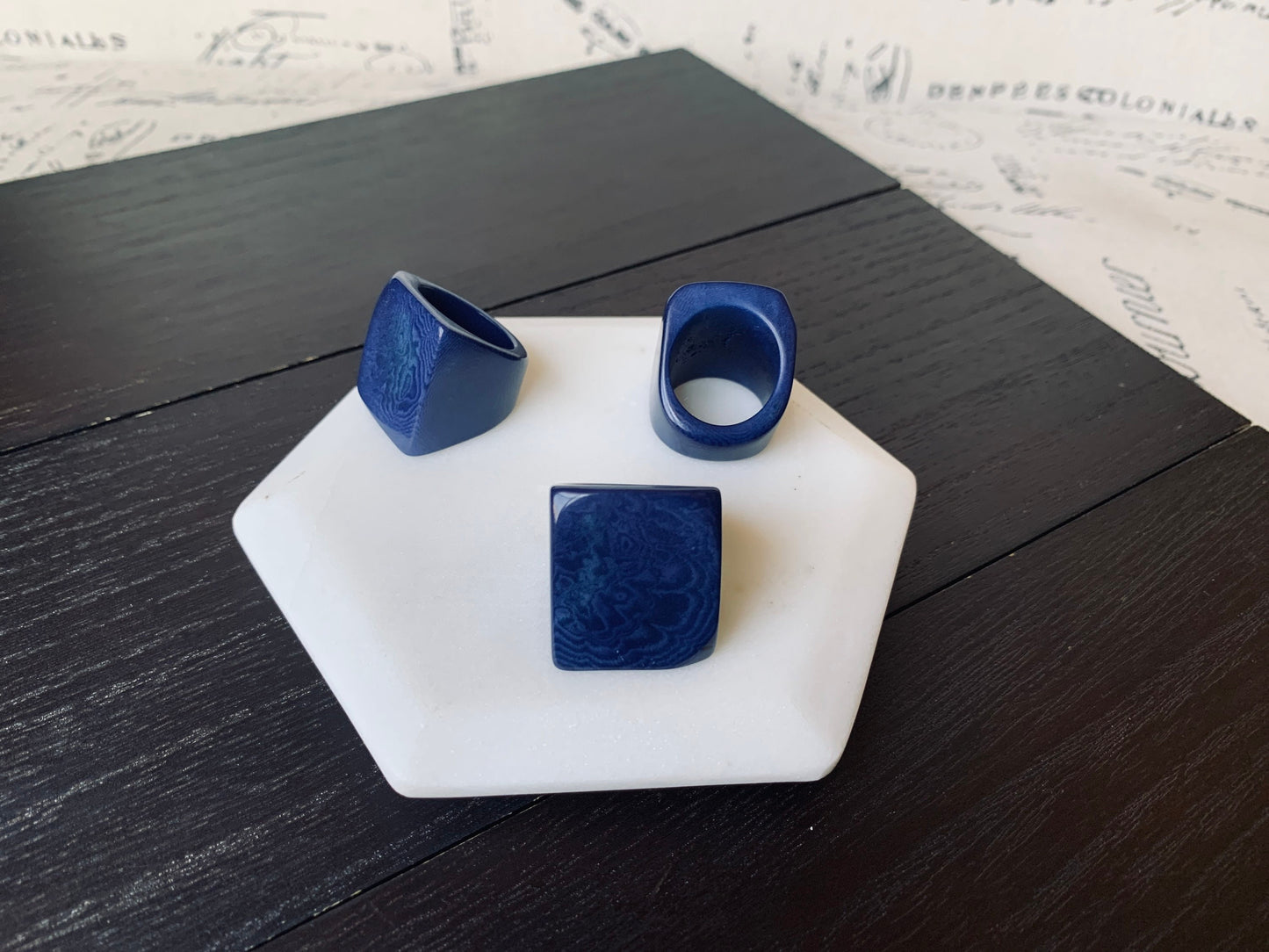 Tagua nut ring navy blue Unusual fashion jewelry Summer style Big bold chunky cocktail ring Statement large Anniversary gift Huge oversized