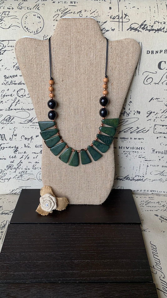 Green statement necklace Tagua jewelry Fall fashion 2025s Big bold chunky necklaces Adjustable cord Wearable art Handmade beaded necklace