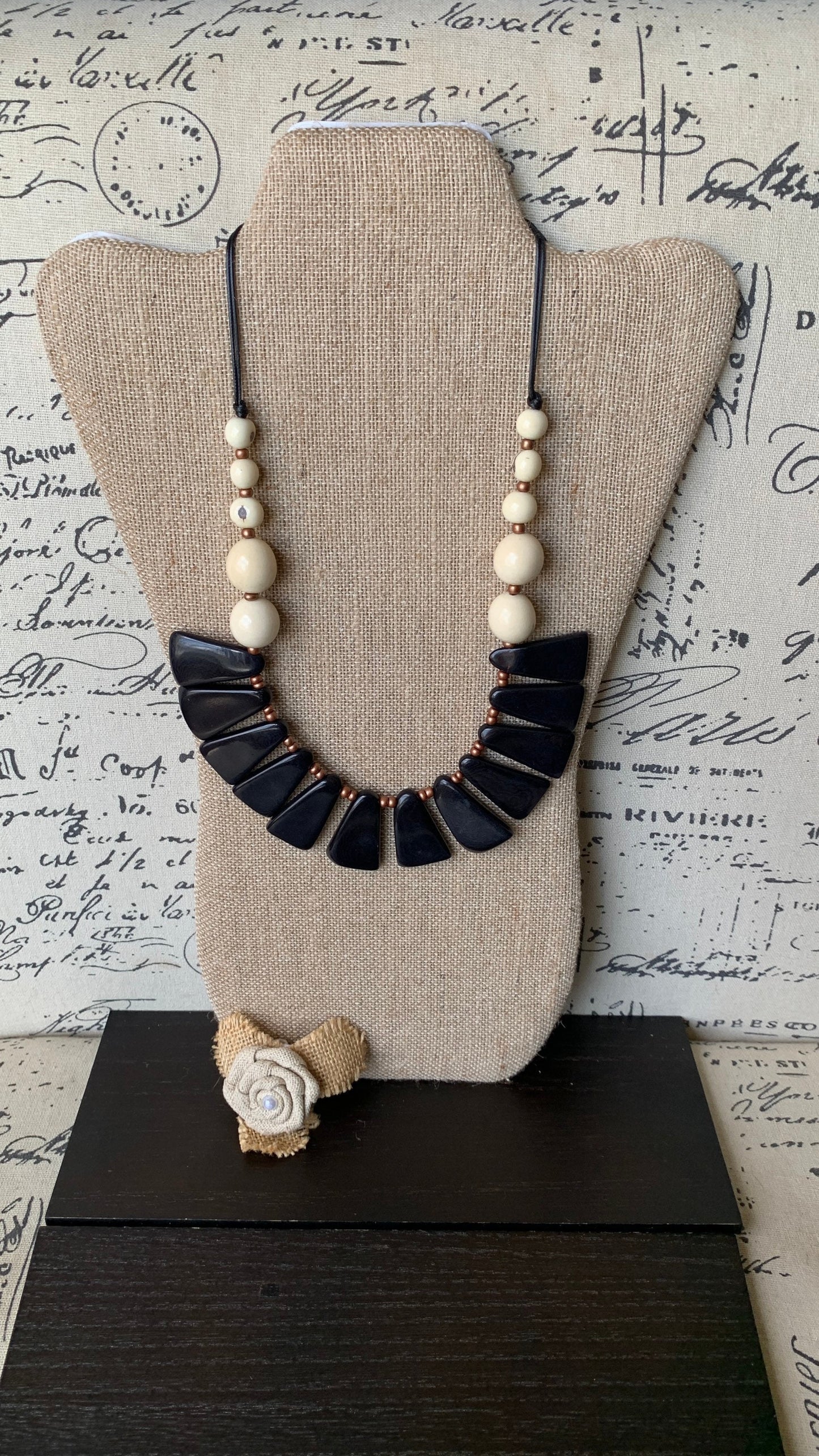 Black and white statement necklace Tagua jewelry Fall fashion Adjustable cord Wearable art Fall fashion 2025s Art to wear Artisan handmade