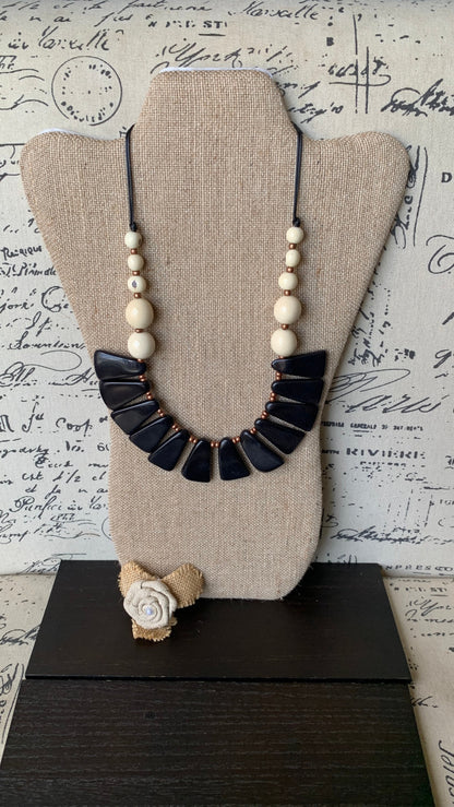 Black and white statement necklace Tagua jewelry Fall fashion Adjustable cord Wearable art Fall fashion 2025s Art to wear Artisan handmade