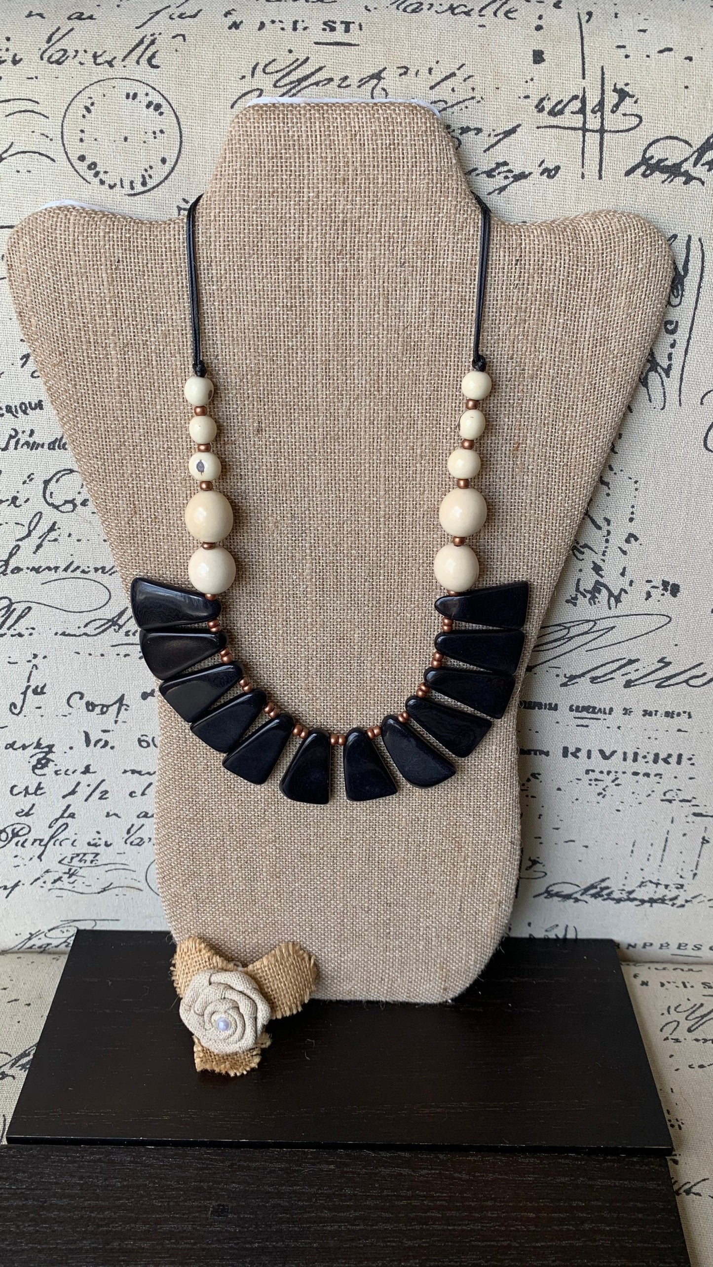 Black and white statement necklace Tagua jewelry Fall fashion Adjustable cord Wearable art Fall fashion 2025s Art to wear Artisan handmade