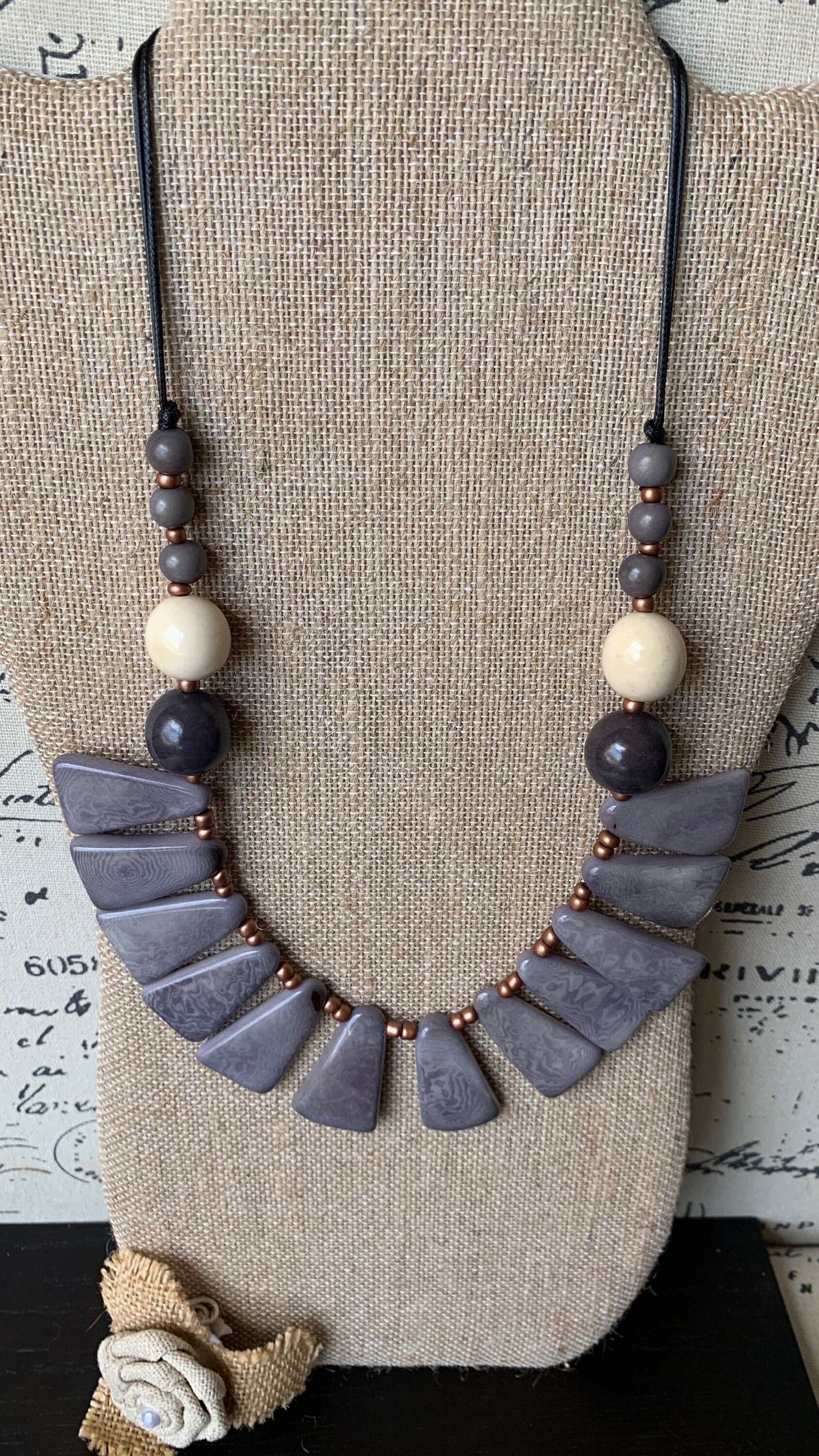 Gray statement necklace Art to wear necklace Spring fashion Artsy gifts Beaded necklaces handmade Adjustable cord Mothers day gifts