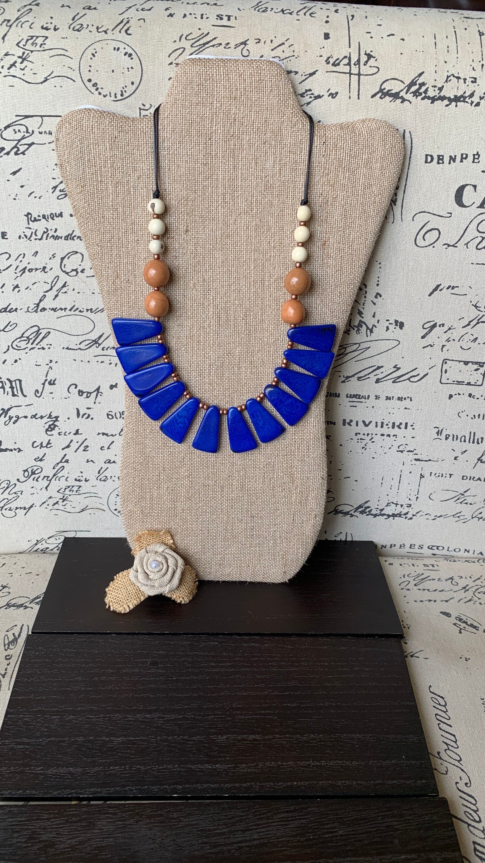 Blue statement necklace Tagua jewelry Handmade beaded necklace Adjustable cord Fall fashion 2025s Wearable art Artistic jewelry Fashionable