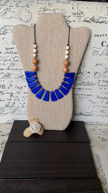 Blue statement necklace Tagua jewelry Handmade beaded necklace Adjustable cord Fall fashion 2025s Wearable art Artistic jewelry Fashionable