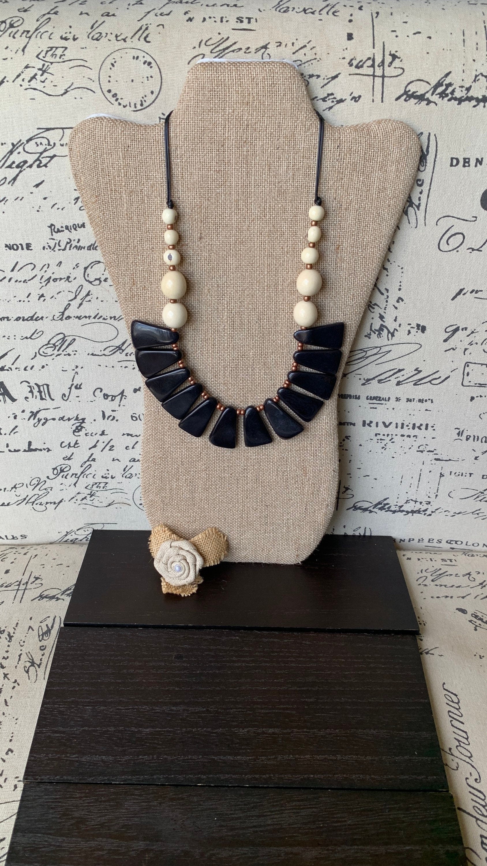 Black and white statement necklace Tagua jewelry Fall fashion Adjustable cord Wearable art Fall fashion 2025s Art to wear Artisan handmade