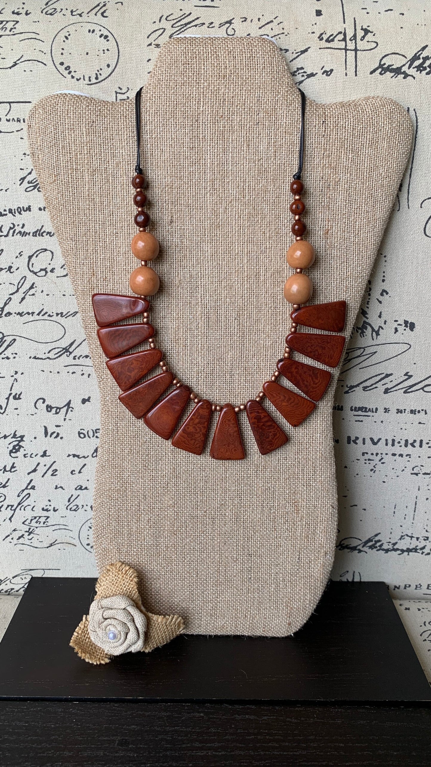 Brown statement necklace Tagua jewelry Wearable art Unique necklaces for women Adjustable cord Mothers day gifts for mom Handmade beaded bib