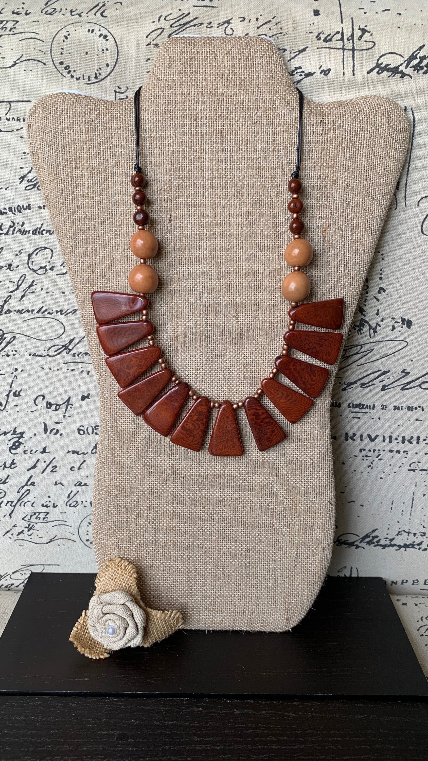 Brown statement necklace Tagua jewelry Wearable art Unique necklaces for women Adjustable cord Mothers day gifts for mom Handmade beaded bib