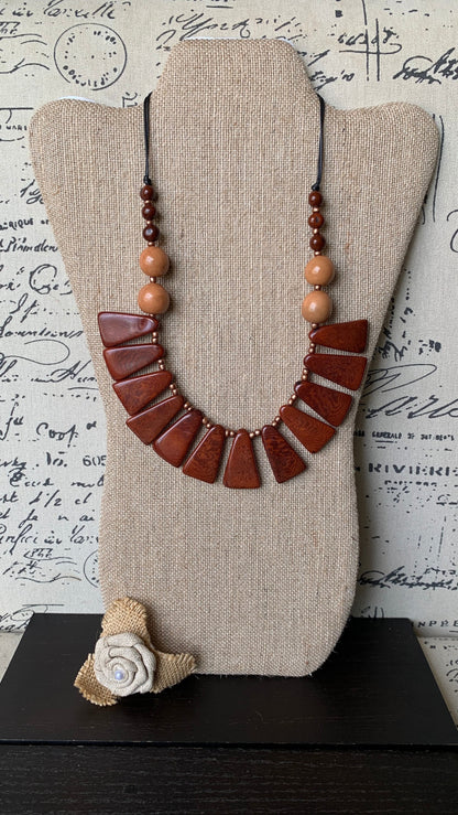Brown statement necklace Tagua jewelry Wearable art Unique necklaces for women Adjustable cord Mothers day gifts for mom Handmade beaded bib