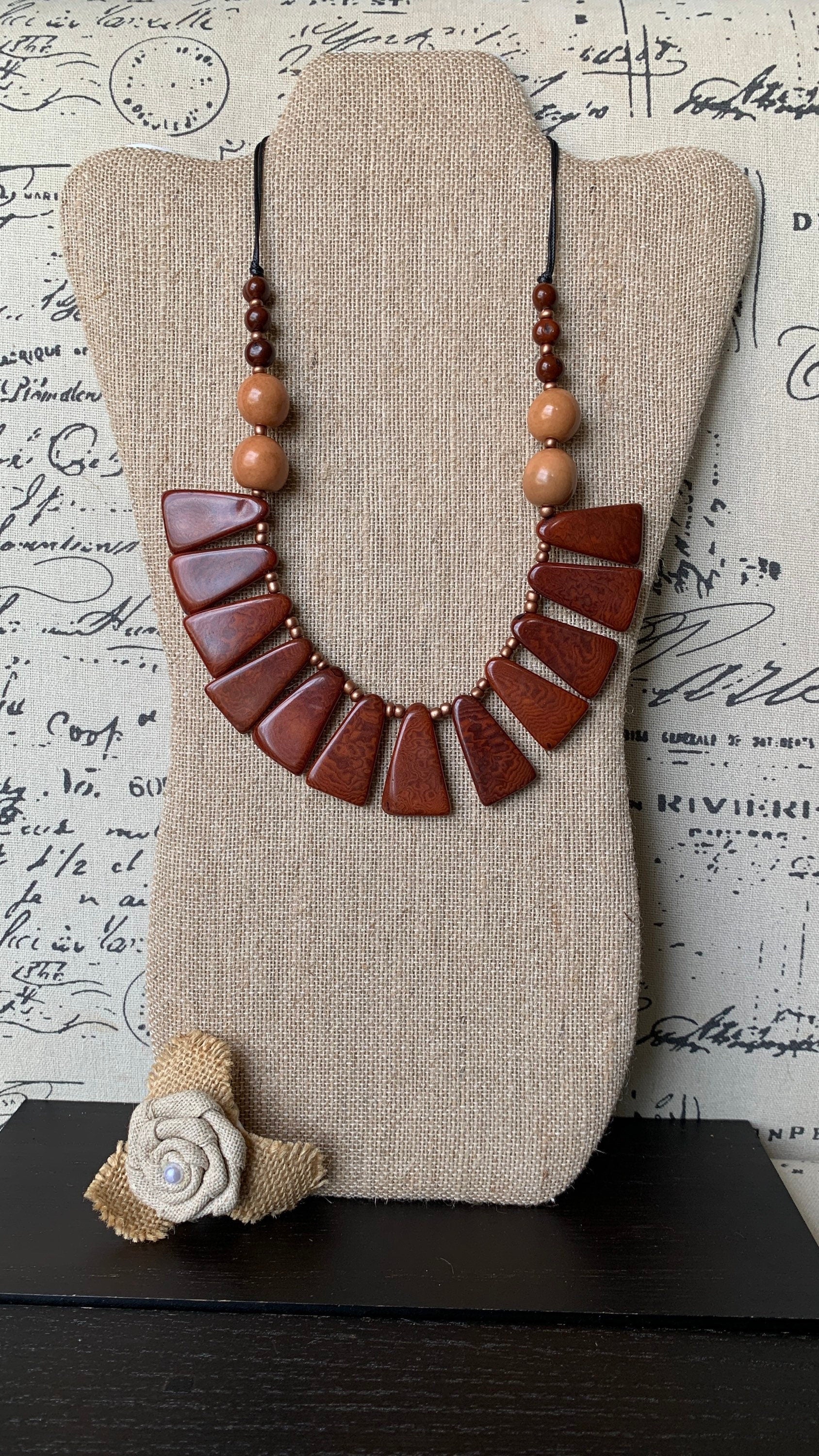 Brown statement necklace Tagua jewelry Wearable art Unique necklaces for women Adjustable cord Mothers day gifts for mom Handmade beaded bib
