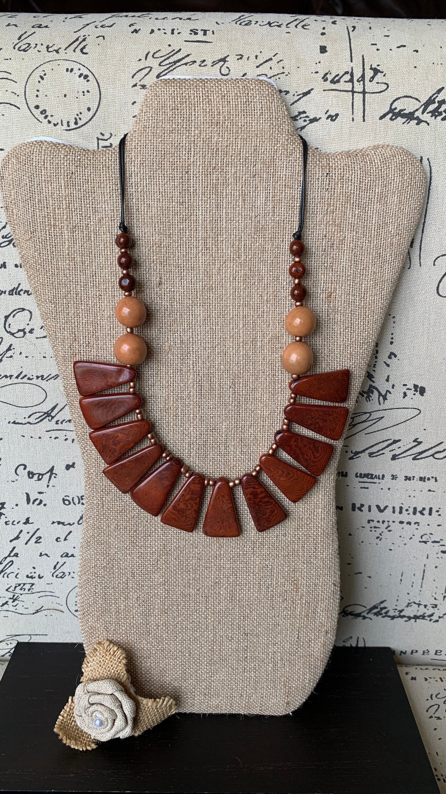 Brown statement necklace Tagua jewelry Wearable art Unique necklaces for women Adjustable cord Mothers day gifts for mom Handmade beaded bib