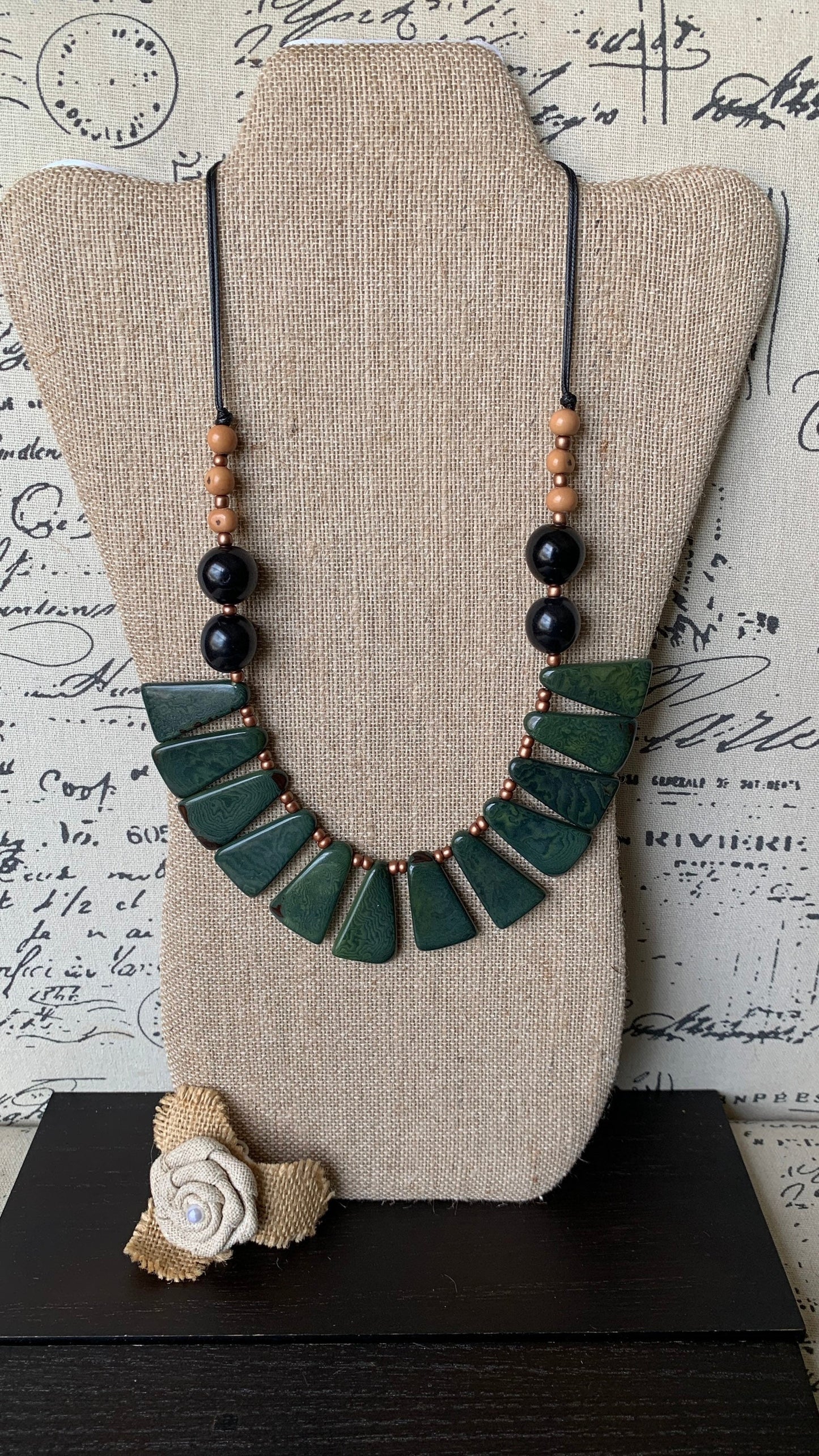 Green statement necklace Tagua jewelry Fall fashion 2025s Big bold chunky necklaces Adjustable cord Wearable art Handmade beaded necklace