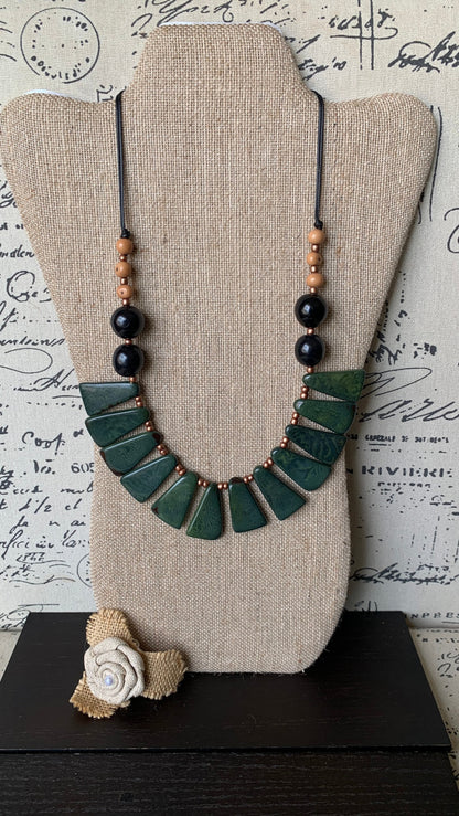 Green statement necklace Tagua jewelry Fall fashion 2025s Big bold chunky necklaces Adjustable cord Wearable art Handmade beaded necklace