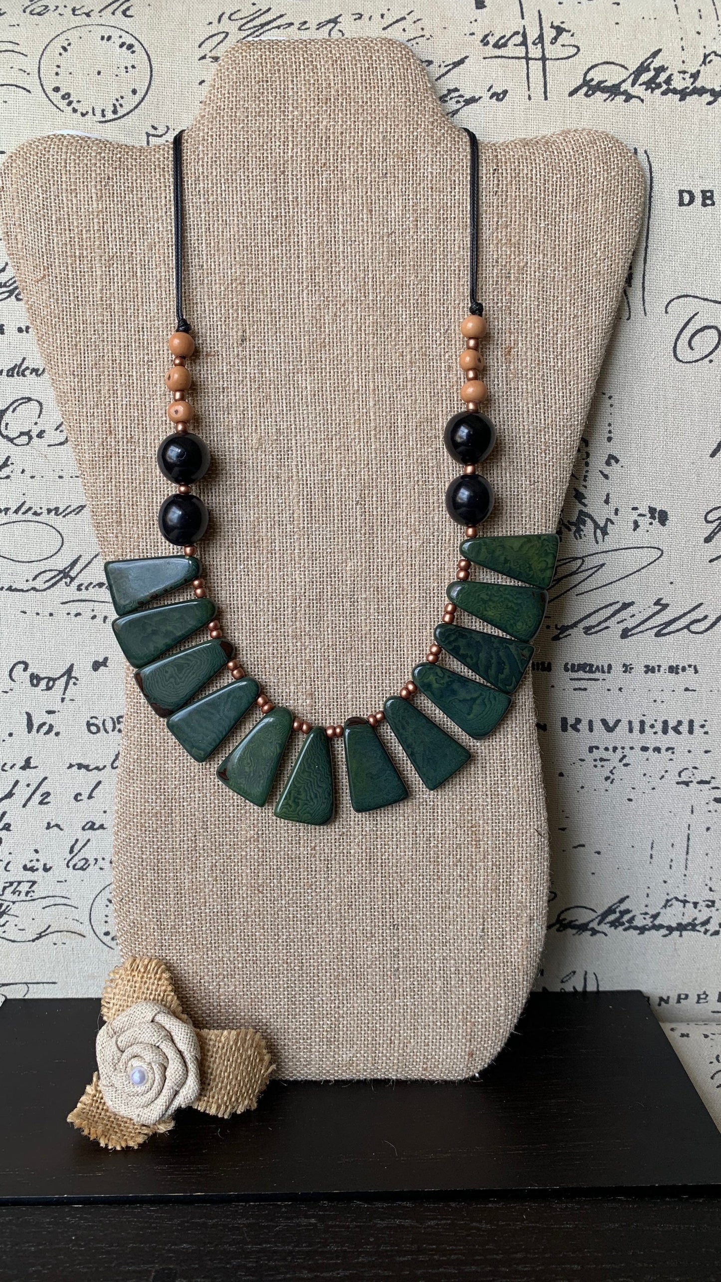 Green statement necklace Tagua jewelry Fall fashion 2025s Big bold chunky necklaces Adjustable cord Wearable art Handmade beaded necklace