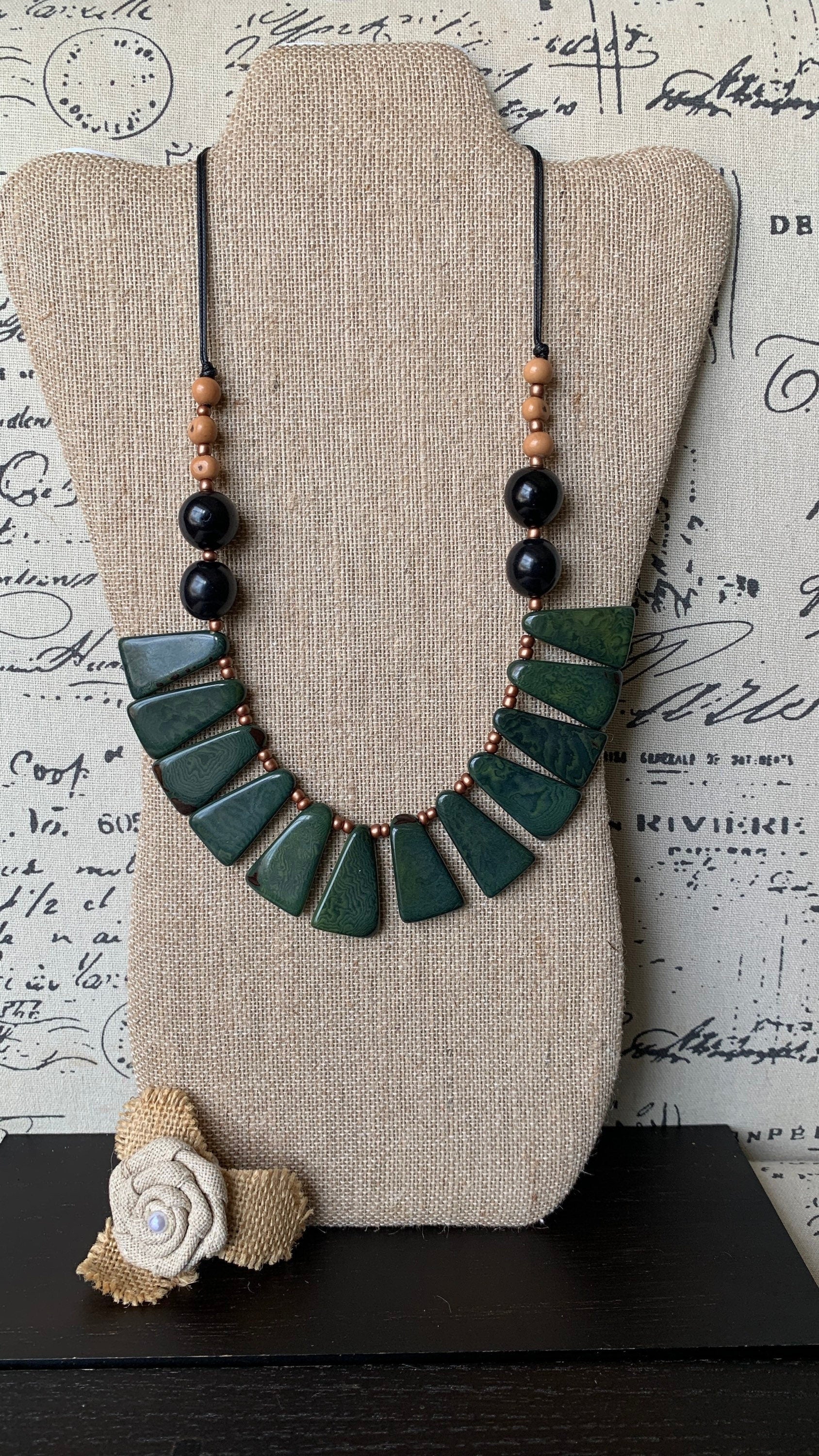 Green statement necklace Tagua jewelry Fall fashion 2025s Big bold chunky necklaces Adjustable cord Wearable art Handmade beaded necklace