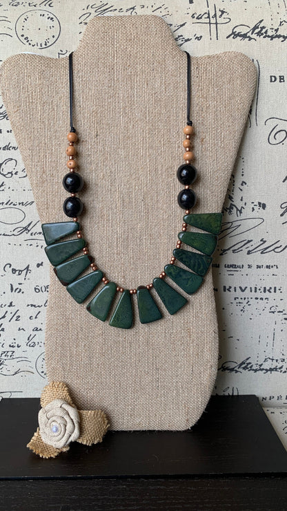 Green statement necklace Tagua jewelry Fall fashion 2025s Big bold chunky necklaces Adjustable cord Wearable art Handmade beaded necklace
