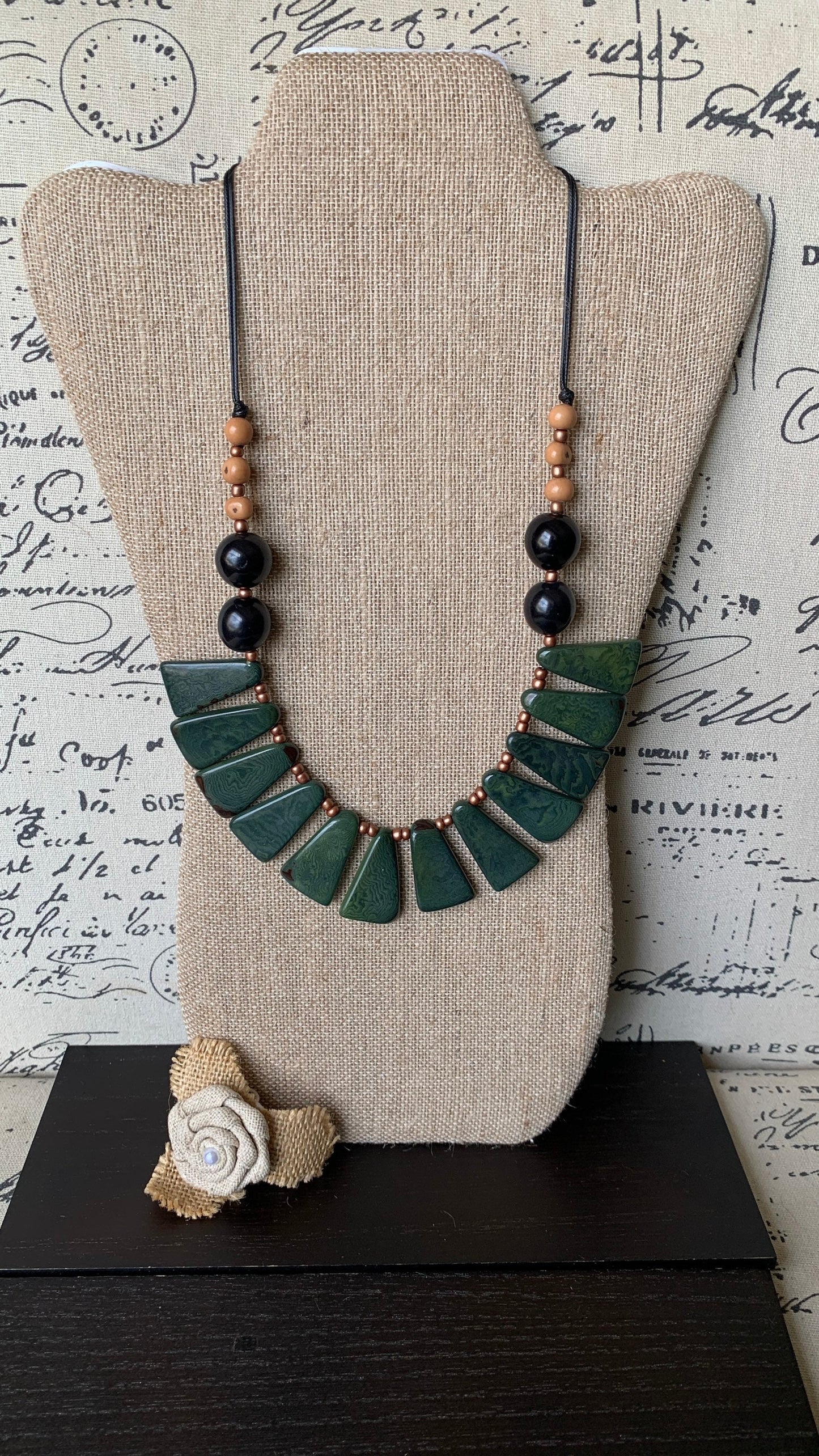 Green statement necklace Tagua jewelry Fall fashion 2025s Big bold chunky necklaces Adjustable cord Wearable art Handmade beaded necklace