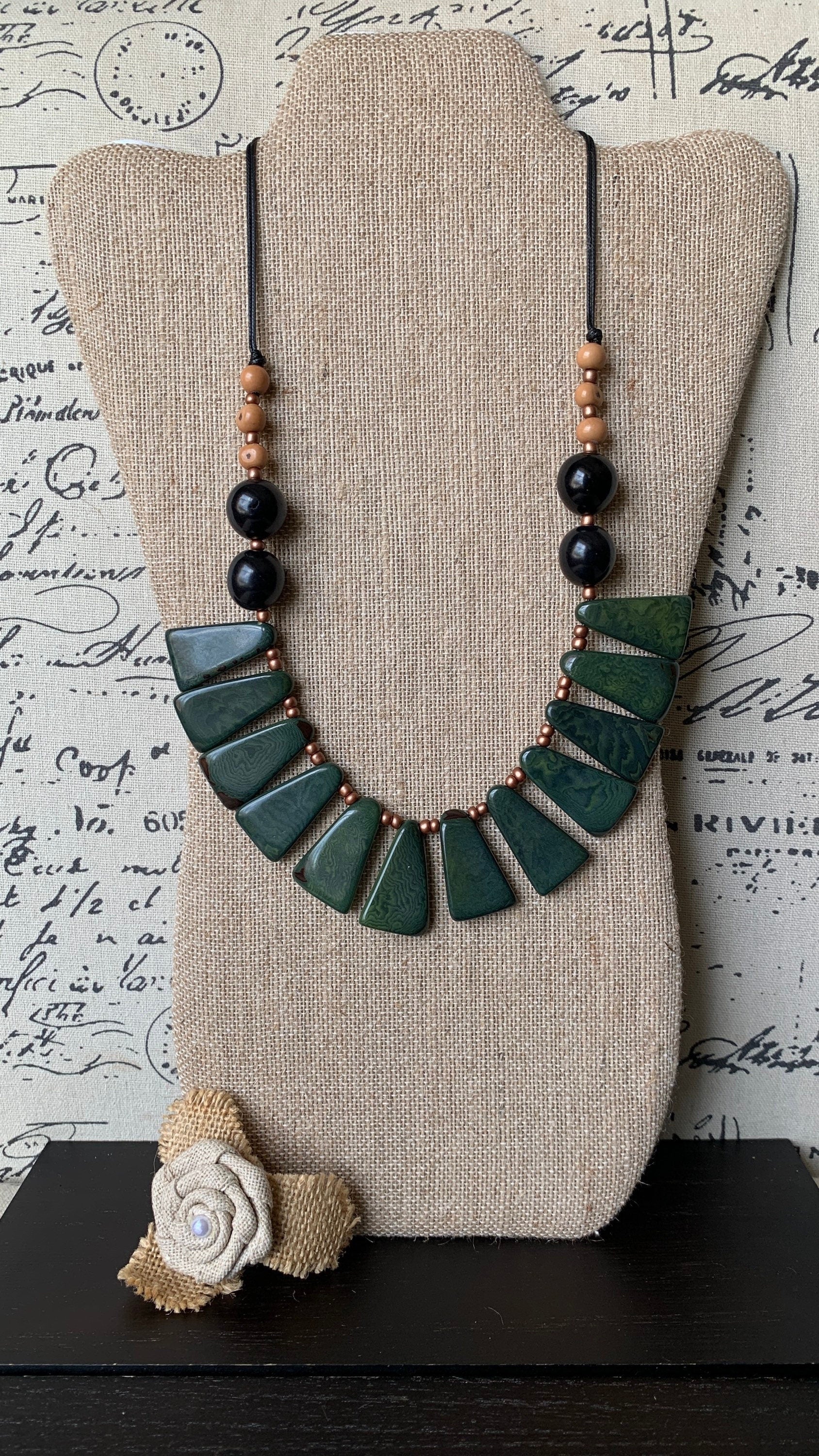 Green statement necklace Tagua jewelry Fall fashion 2025s Big bold chunky necklaces Adjustable cord Wearable art Handmade beaded necklace