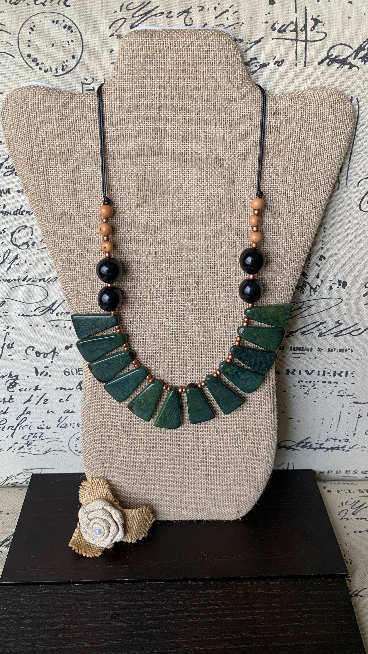 Green statement necklace Tagua jewelry Fall fashion 2025s Big bold chunky necklaces Adjustable cord Wearable art Handmade beaded necklace