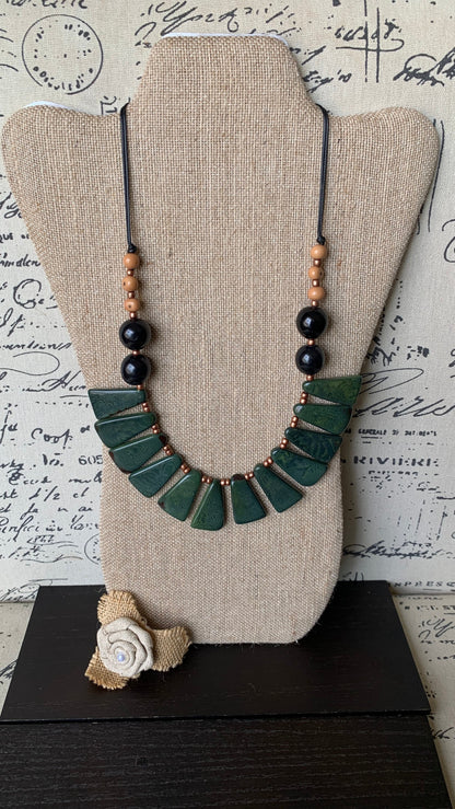 Green statement necklace Tagua jewelry Fall fashion 2025s Big bold chunky necklaces Adjustable cord Wearable art Handmade beaded necklace