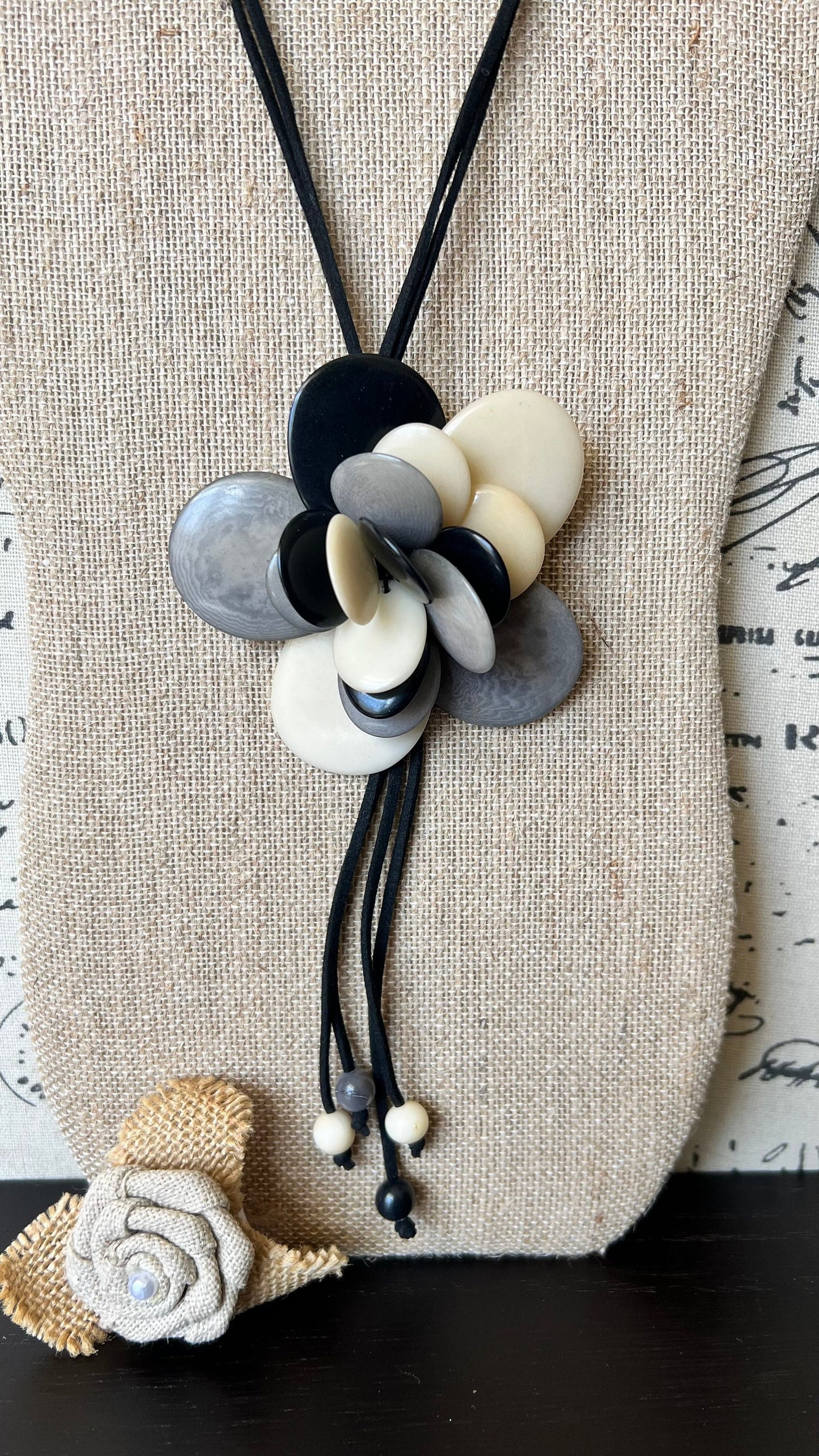 Flower pendant necklace Tagua jewelry Black white and gray flower pendant Floral statement necklace Adjustable cord Wearable art Lightweight